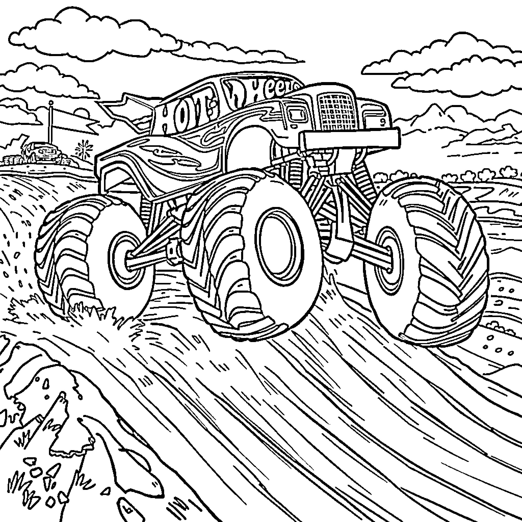 Monster Truck Crushing Through the Countryside Coloring Page (free black-and-white line drawing printable PDF for all, from beginners to advanced learners, including children, teens, adults, and seniors)