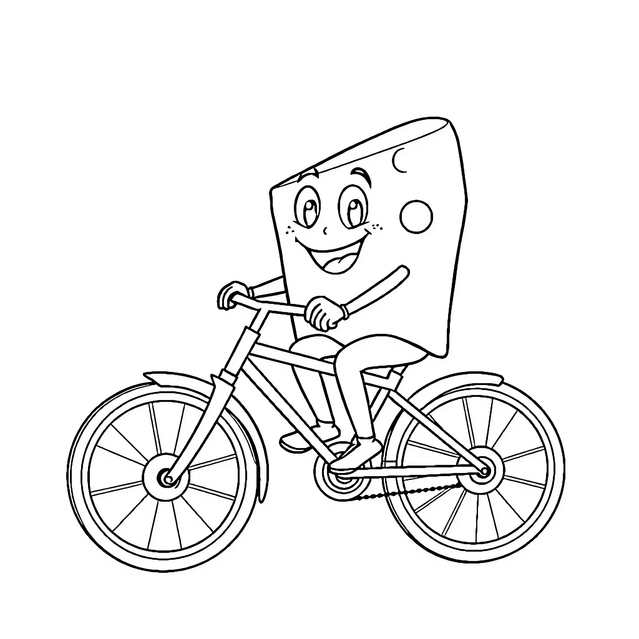 Swiss Cheese character riding a bicycle Coloring Page (free black-and-white line drawing printable PDF for all, from beginners to advanced learners, including children, teens, adults, and seniors)