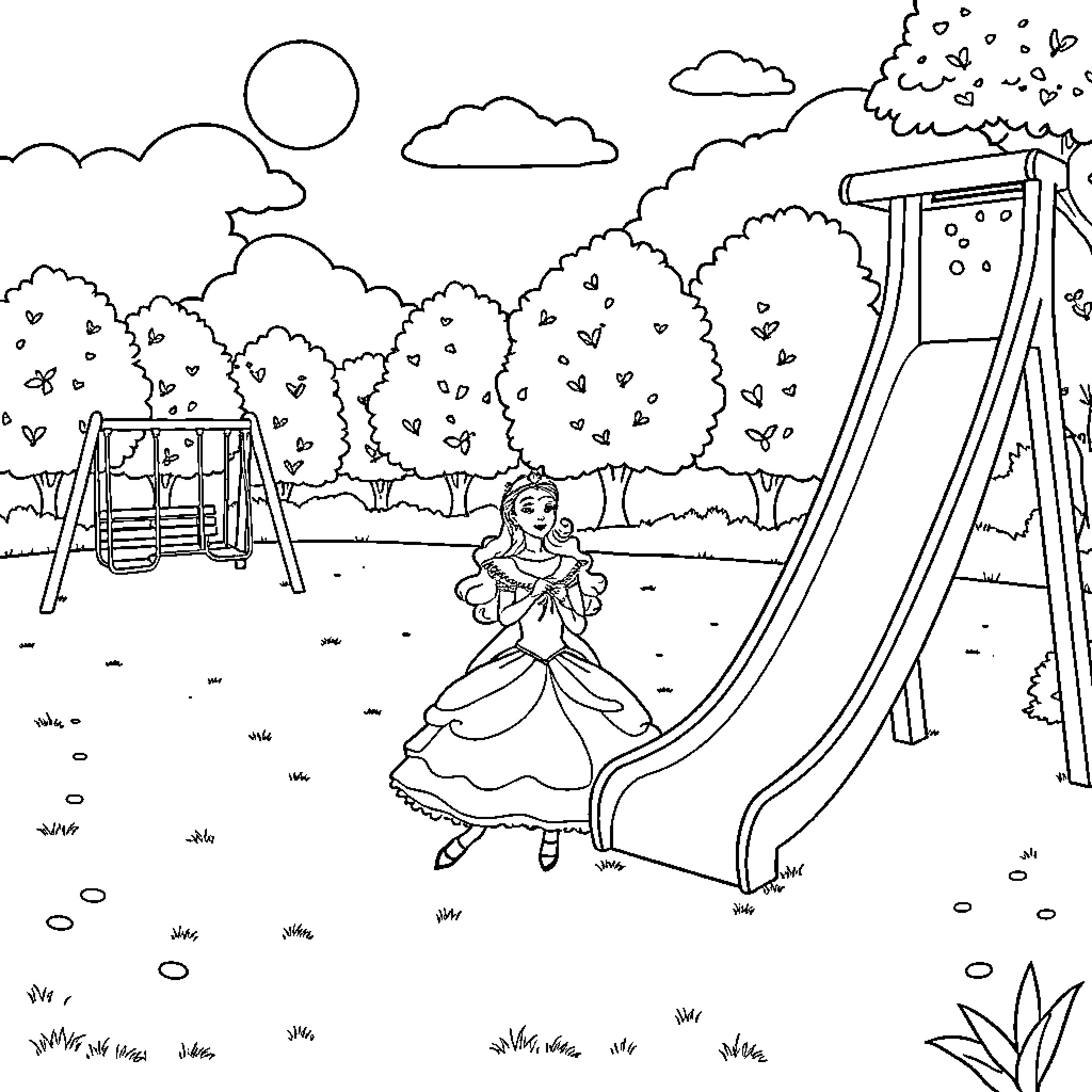 Princess enjoying a day in the park Coloring Page (free black-and-white line drawing printable PDF for all, from beginners to advanced learners, including children, teens, adults, and seniors)