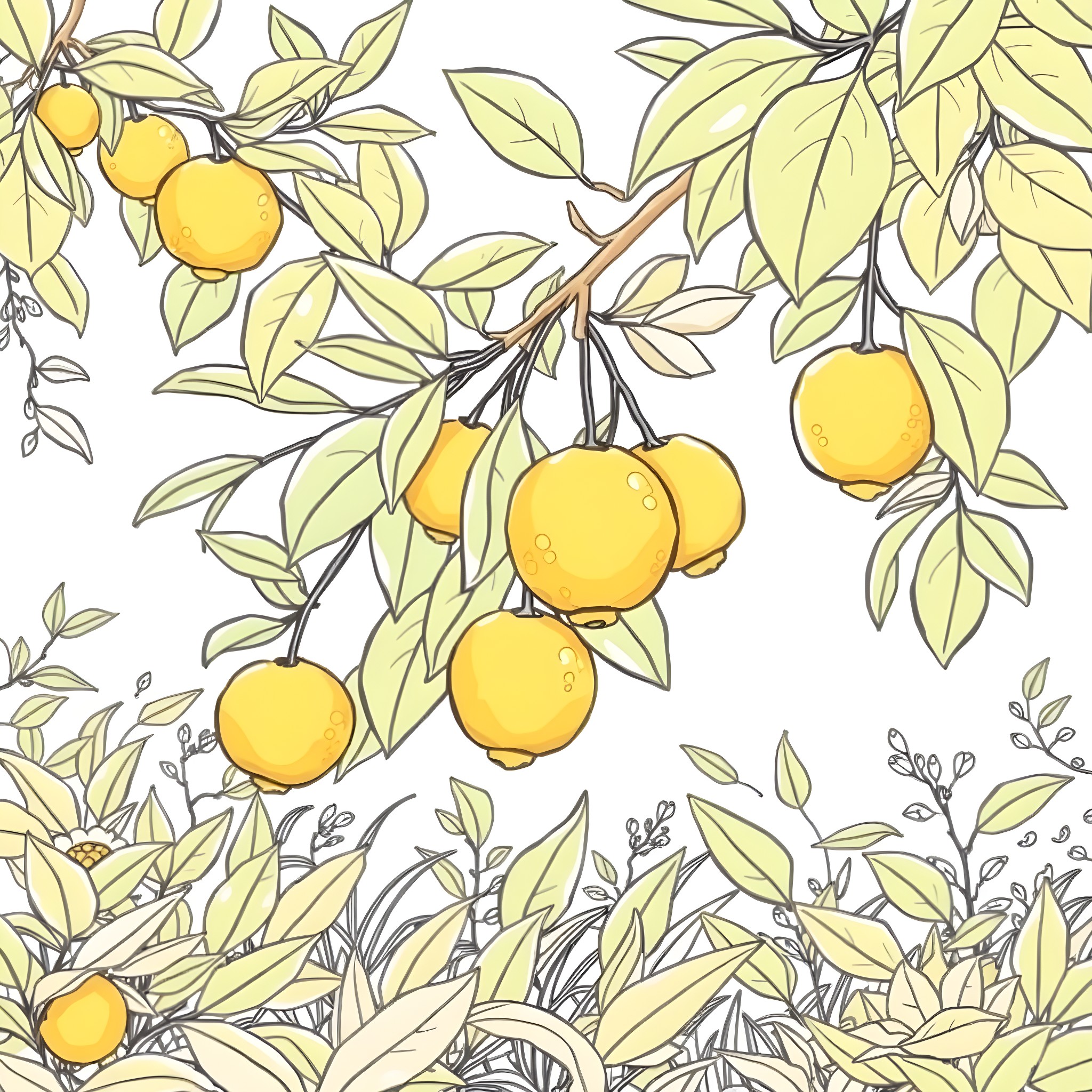 Citron: Bountiful Harvest of Yellow Fruits Coloring Page (free black-and-white line drawing printable PDF for all, from beginners to advanced learners, including children, teens, adults, and seniors)