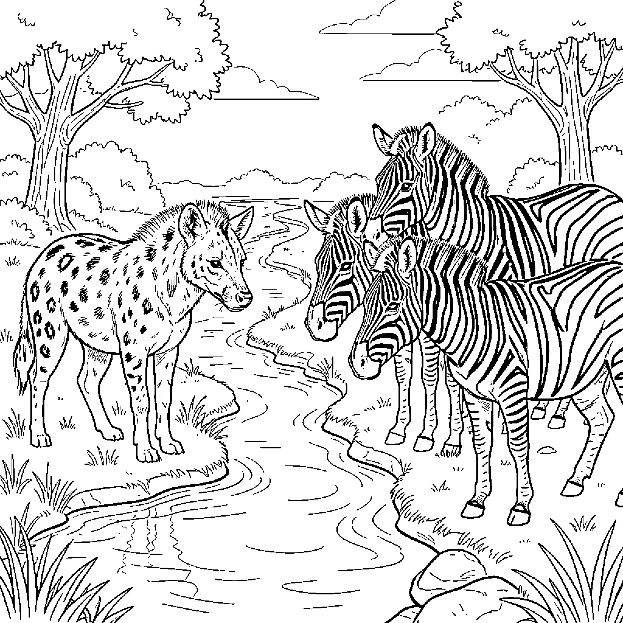 Hyena standing by the river looking at zebras Coloring Page (free black-and-white line drawing printable PDF for all, from beginners to advanced learners, including children, teens, adults, and seniors)
