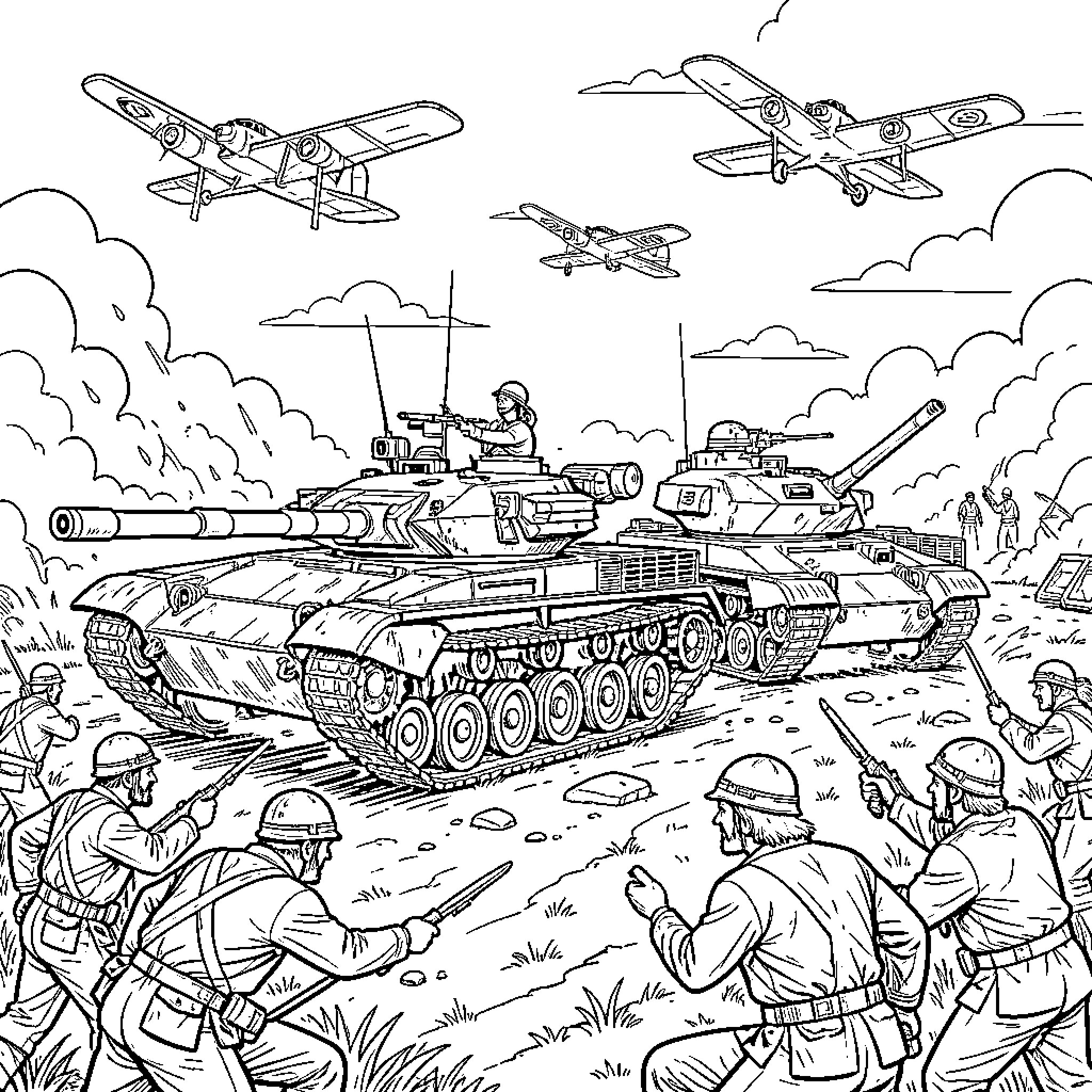 Tank and soldiers engaged in a battlefield scene Coloring Page (free black-and-white line drawing printable PDF for all, from beginners to advanced learners, including children, teens, adults, and seniors)