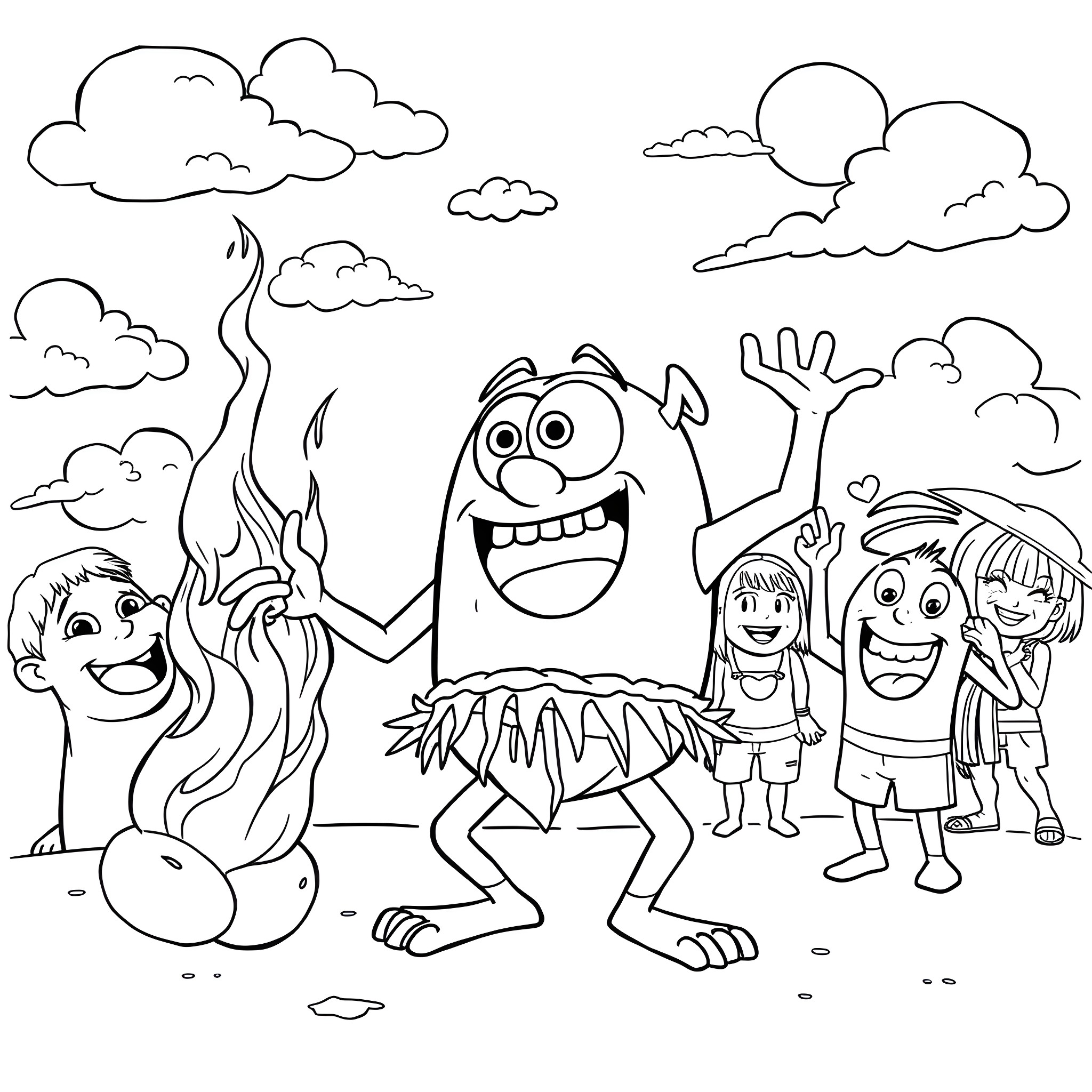 Mike Wazowski's Monstrous Party with Friends Coloring Page (free black-and-white line drawing printable PDF for all, from beginners to advanced learners, including children, teens, adults, and seniors)