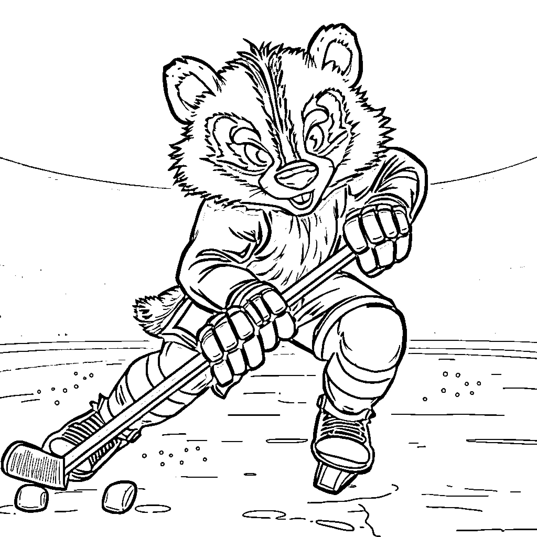 Honey Badger playing hockey on the ice Coloring Page (free black-and-white line drawing printable PDF for all, from beginners to advanced learners, including children, teens, adults, and seniors)