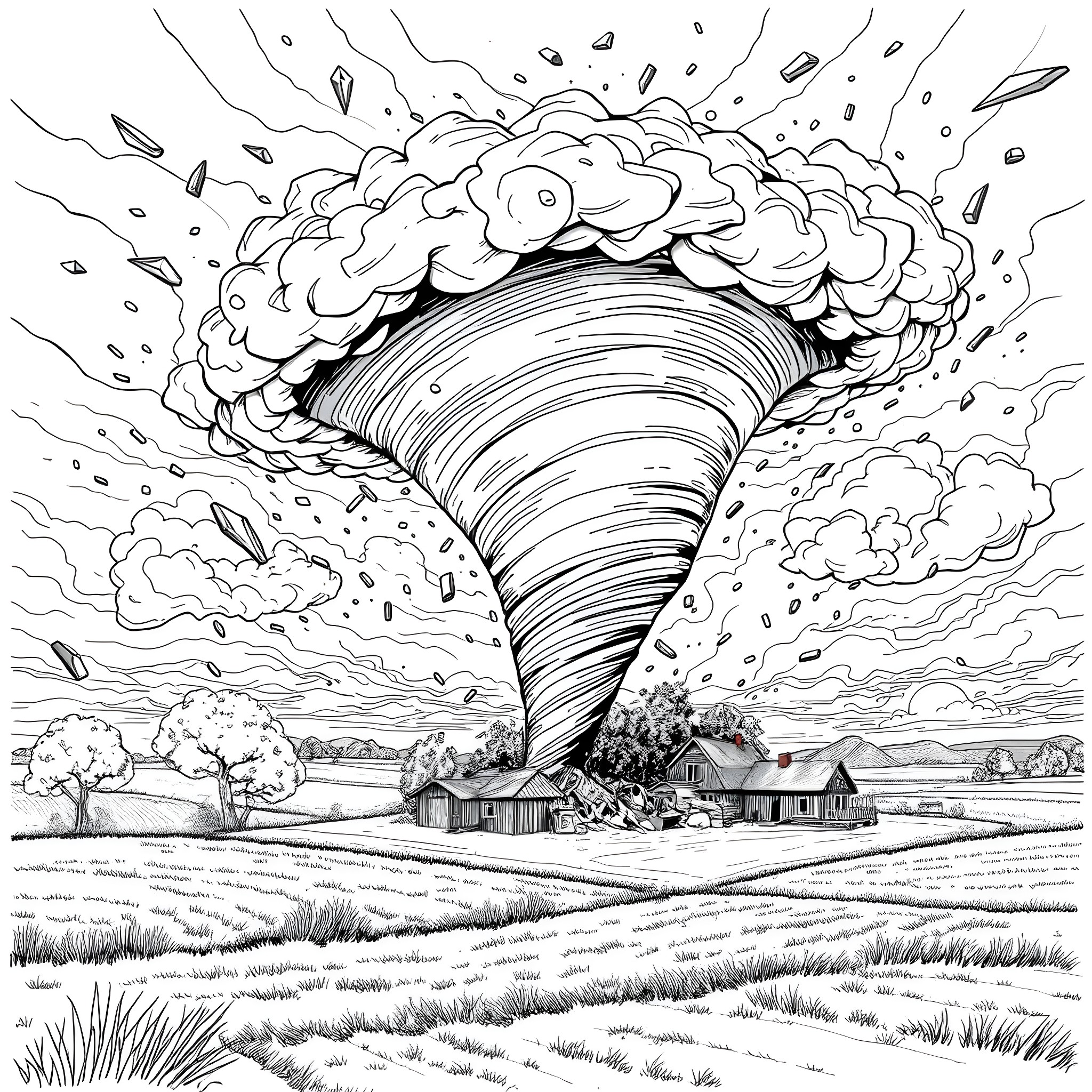 Tornado raging through a rural landscape Coloring Page (free black-and-white line drawing printable PDF for all, from beginners to advanced learners, including children, teens, adults, and seniors)