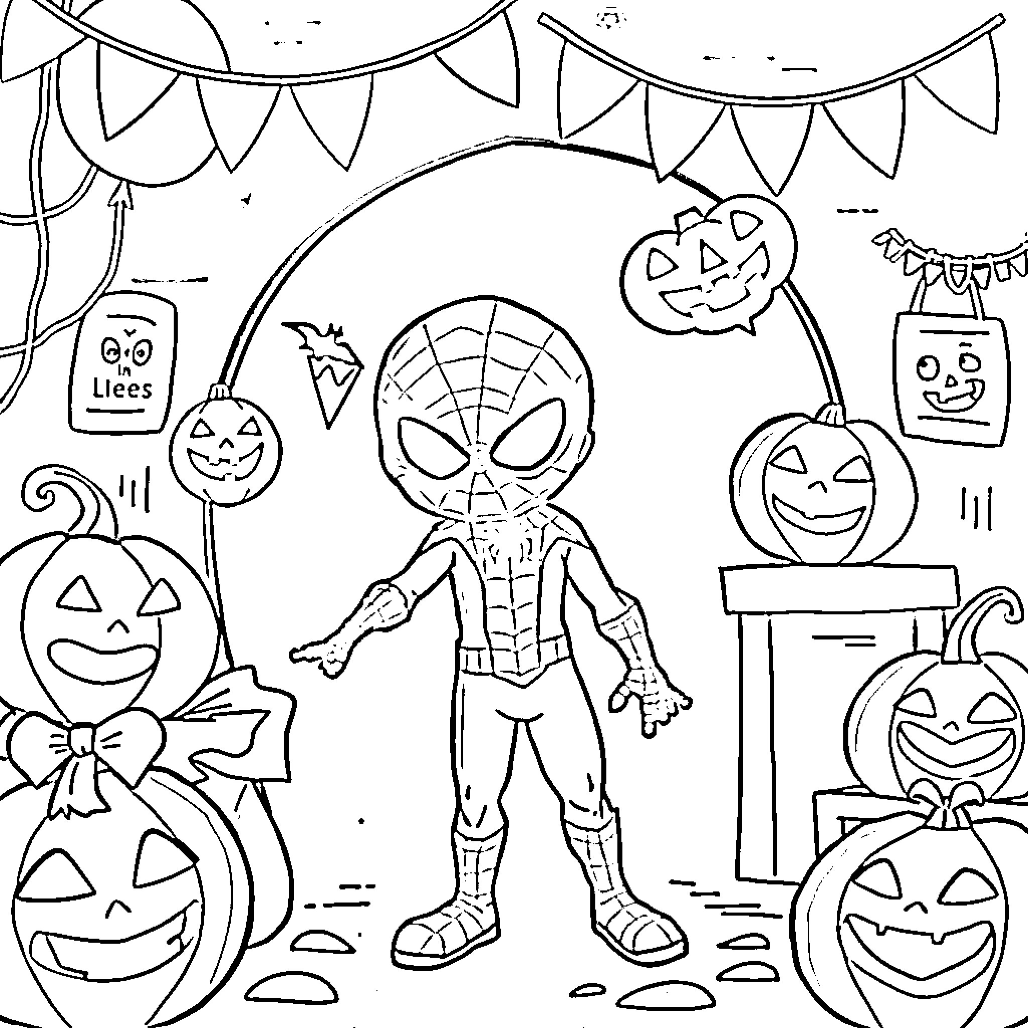 Spiderman enjoying a spooky Halloween celebration Coloring Page (free black-and-white line drawing printable PDF for all, from beginners to advanced learners, including children, teens, adults, and seniors)