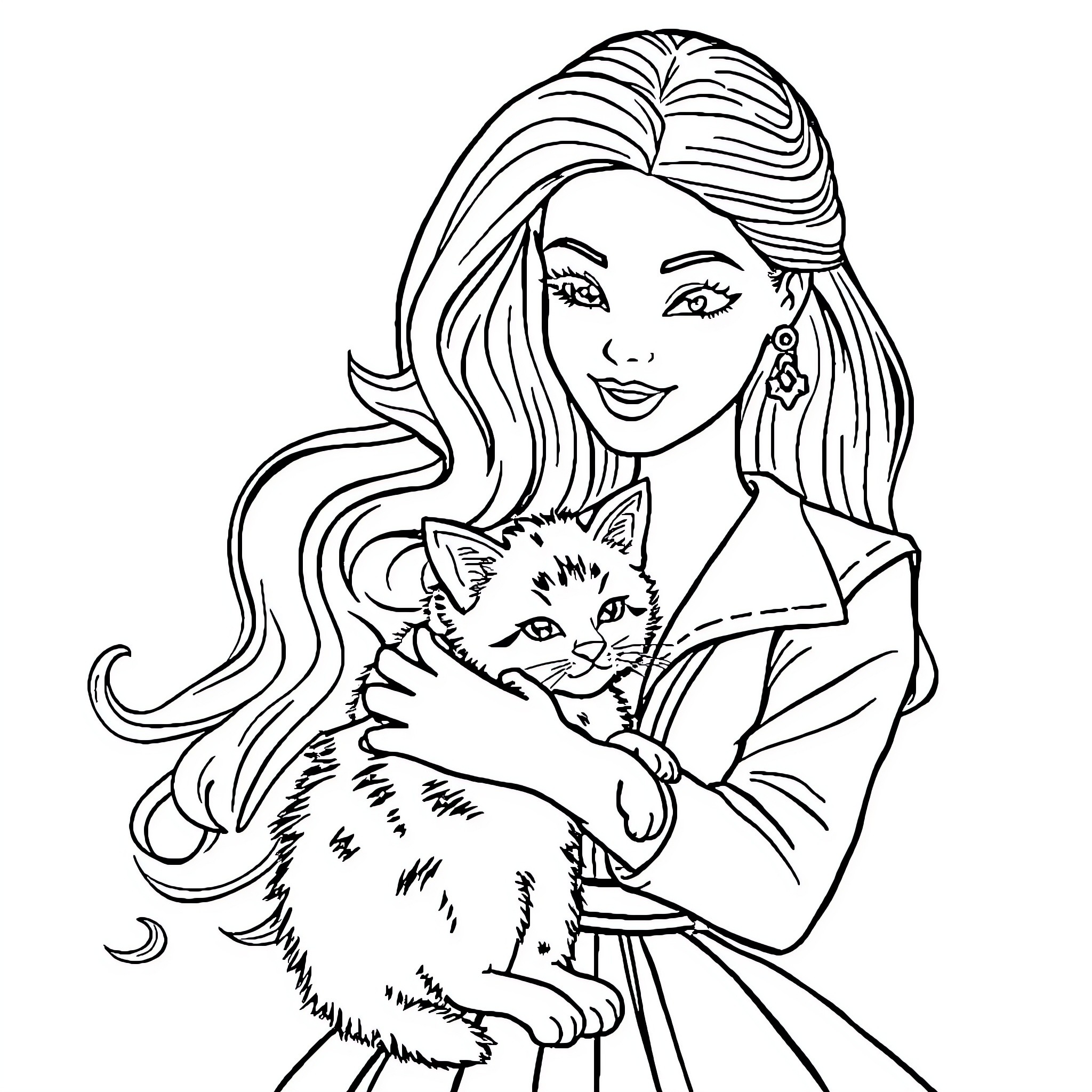 Barbie holding a cute kitten Coloring Page (free black-and-white line drawing printable PDF for all, from beginners to advanced learners, including children, teens, adults, and seniors)