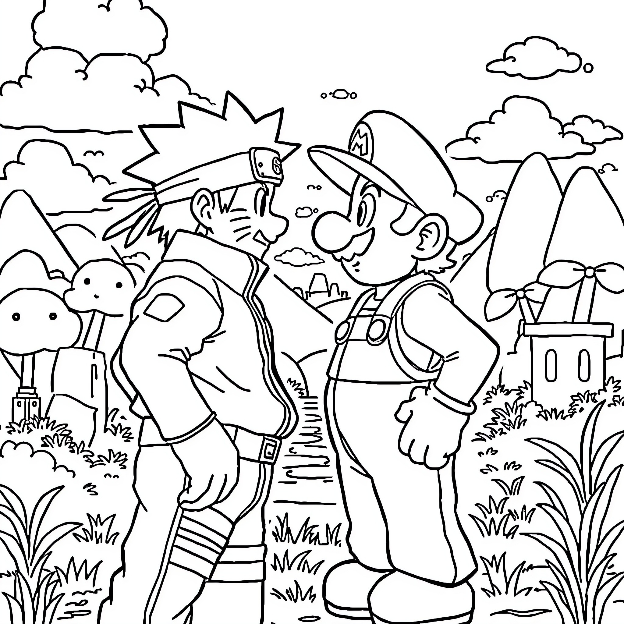 Naruto and Mario's Adventurous Encounter in the Wilderness Coloring Page (free black-and-white line drawing printable PDF for all, from beginners to advanced learners, including children, teens, adults, and seniors)