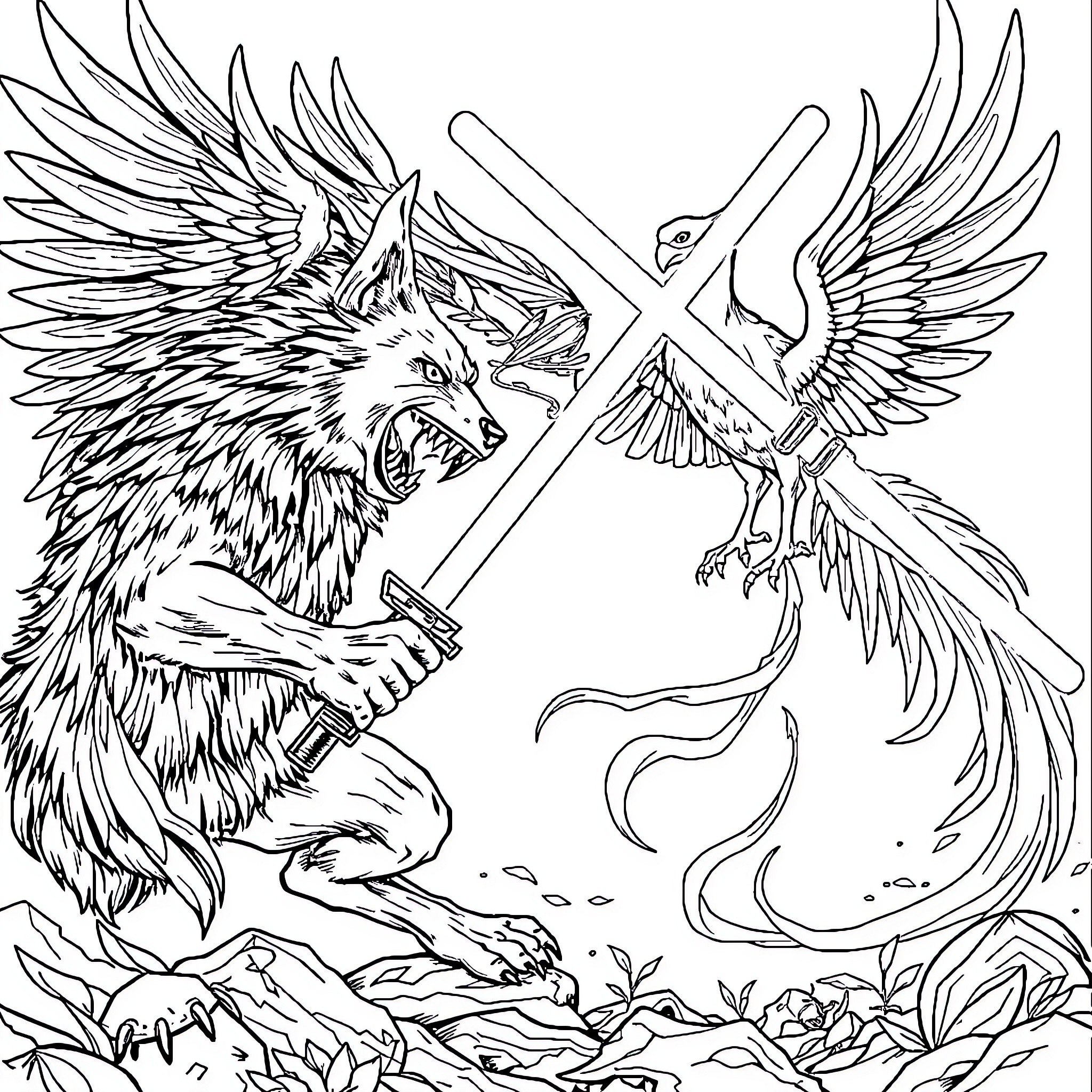 Wolf warrior battles fierce phoenix in epic clash Coloring Page (free black-and-white line drawing printable PDF for all, from beginners to advanced learners, including children, teens, adults, and seniors)