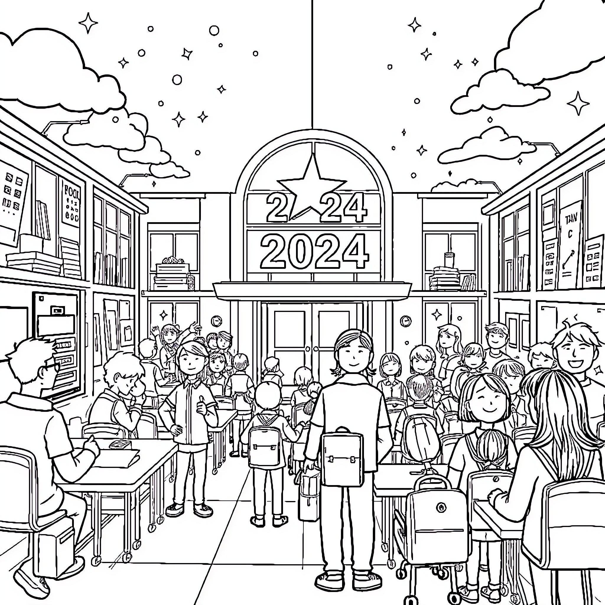 Marine Delplace's Celebration of the New Year 2024 Coloring Page (free black-and-white line drawing printable PDF for all, from beginners to advanced learners, including children, teens, adults, and seniors)
