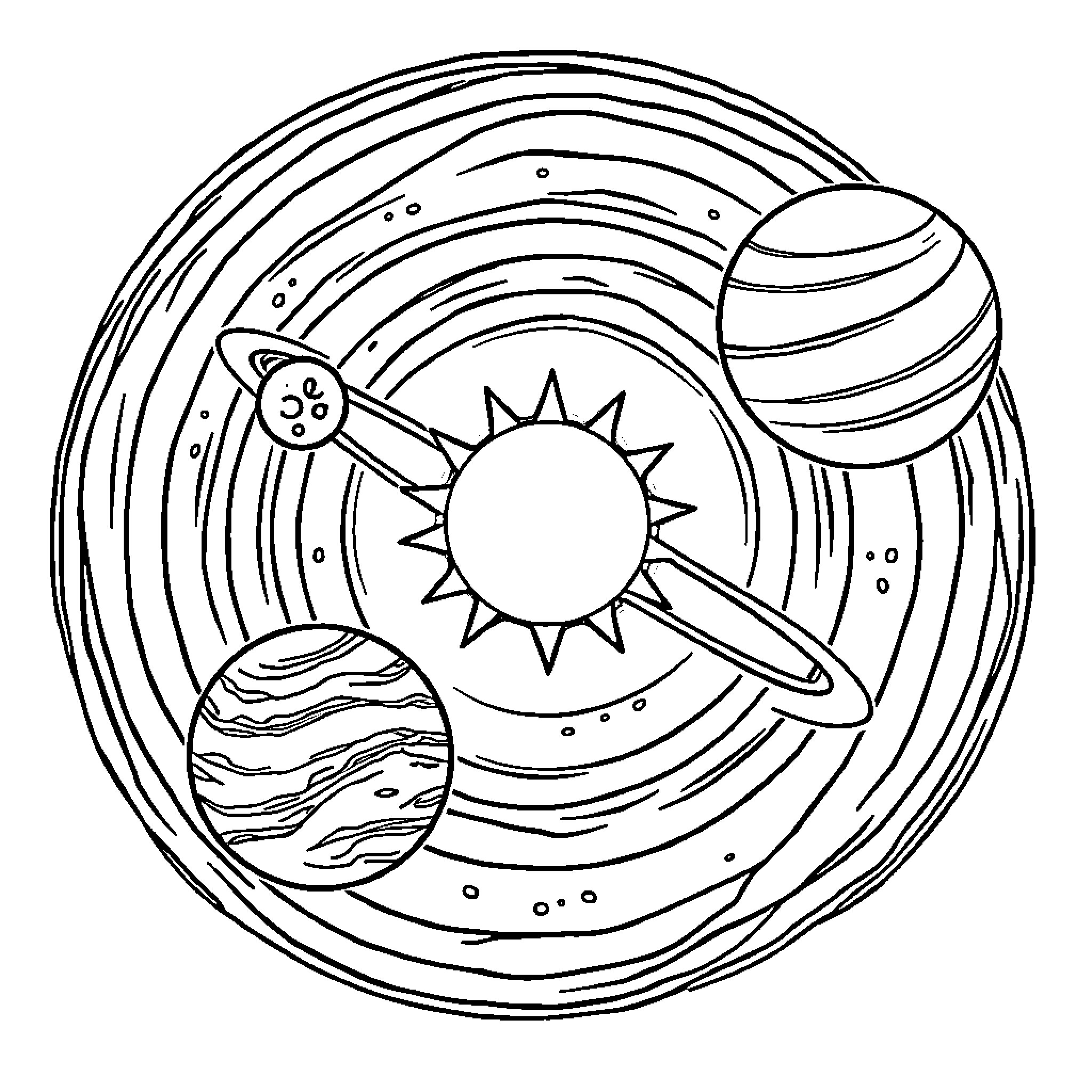 Solar System with Planets and Sun Coloring Page (free black-and-white line drawing printable PDF for all, from beginners to advanced learners, including children, teens, adults, and seniors)