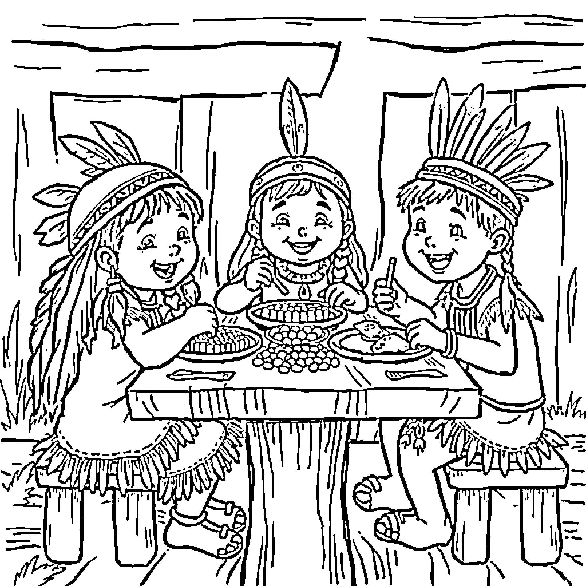 Children in traditional Native American outfits enjoying a meal together Coloring Page (free black-and-white line drawing printable PDF for all, from beginners to advanced learners, including children, teens, adults, and seniors)