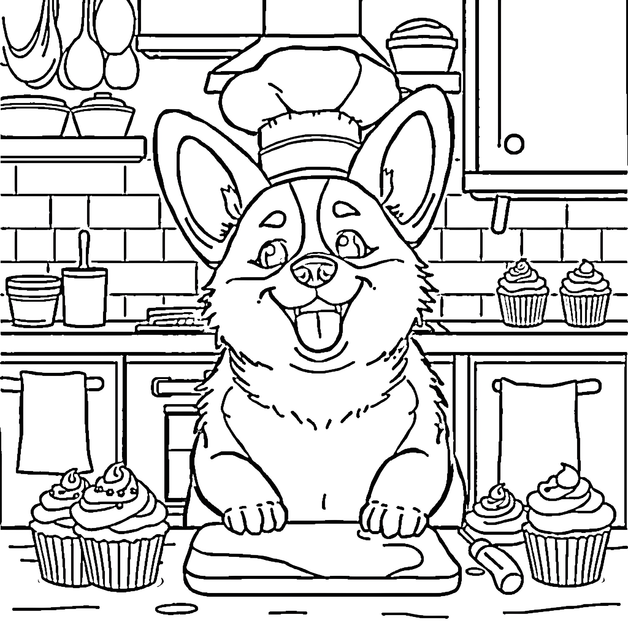 Corgi Chef Baking Delicious Treats in the Kitchen Coloring Page (free black-and-white line drawing printable PDF for all, from beginners to advanced learners, including children, teens, adults, and seniors)