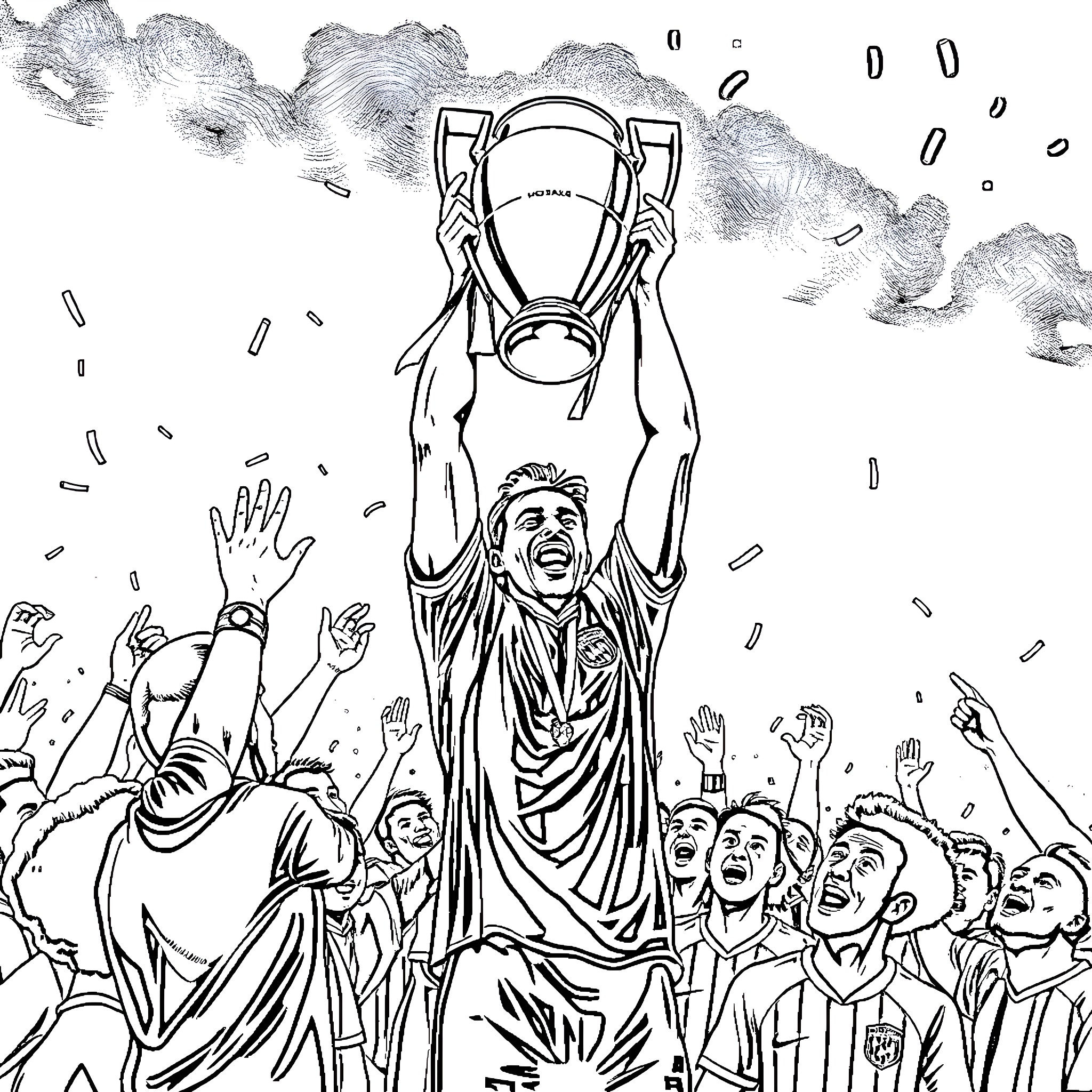 Hristo Stoichkov celebrating with trophy among crowd Coloring Page (free black-and-white line drawing printable PDF for all, from beginners to advanced learners, including children, teens, adults, and seniors)