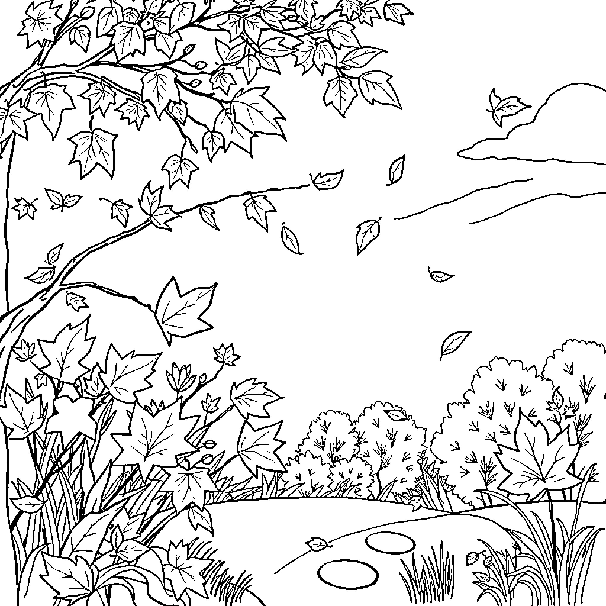 Leaf Falling Scene in Autumnal Landscape Coloring Page (free black-and-white line drawing printable PDF for all, from beginners to advanced learners, including children, teens, adults, and seniors)