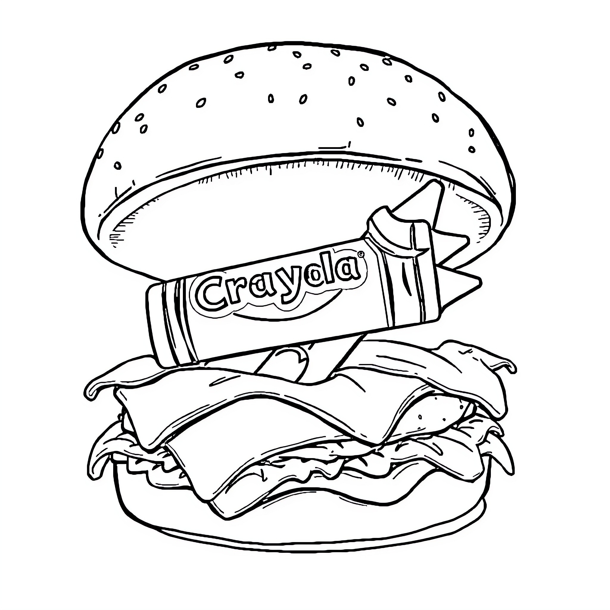 Crayon Hamburger with Unexpected Toppings Coloring Page (free black-and-white line drawing printable PDF for all, from beginners to advanced learners, including children, teens, adults, and seniors)