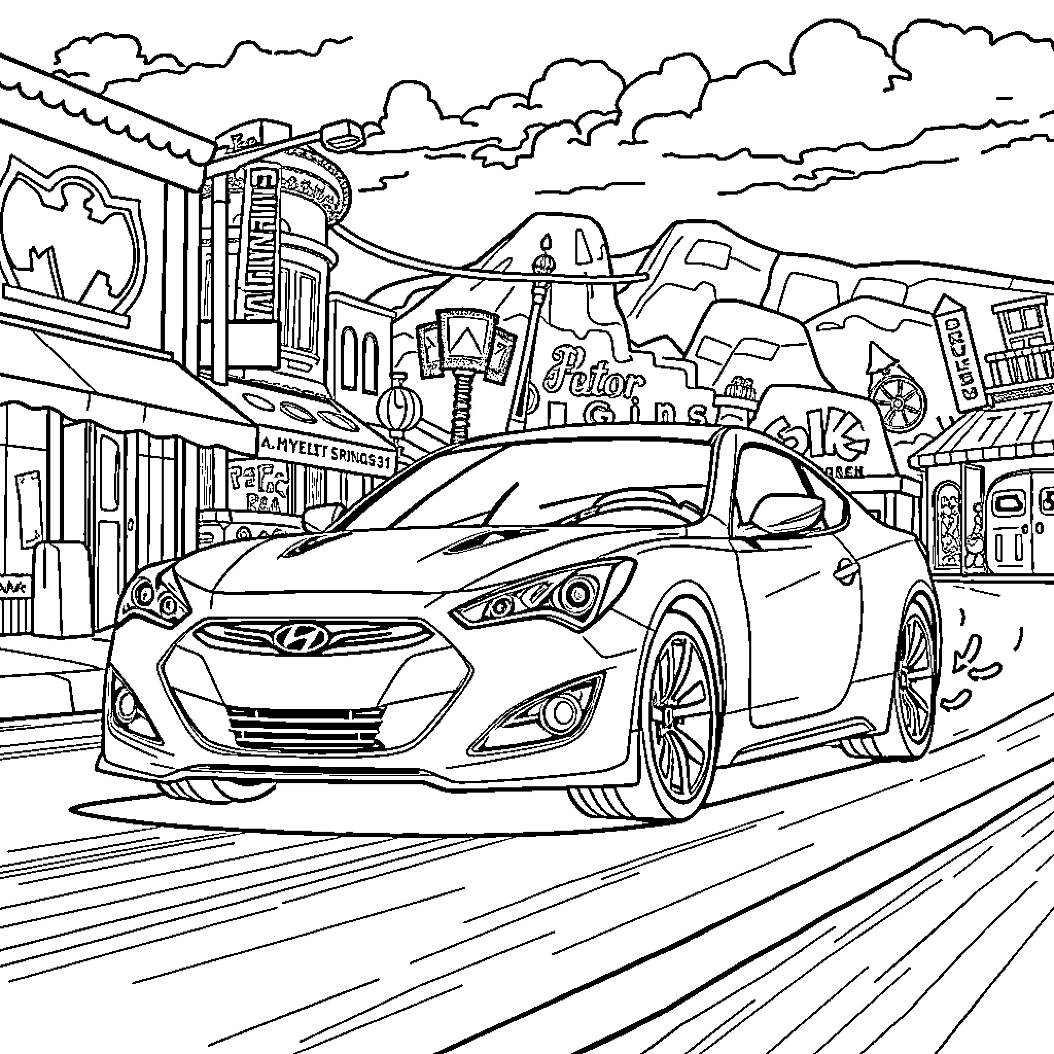 Hyundai Genesis speeding through vibrant cityscape Coloring Page (free black-and-white line drawing printable PDF for all, from beginners to advanced learners, including children, teens, adults, and seniors)