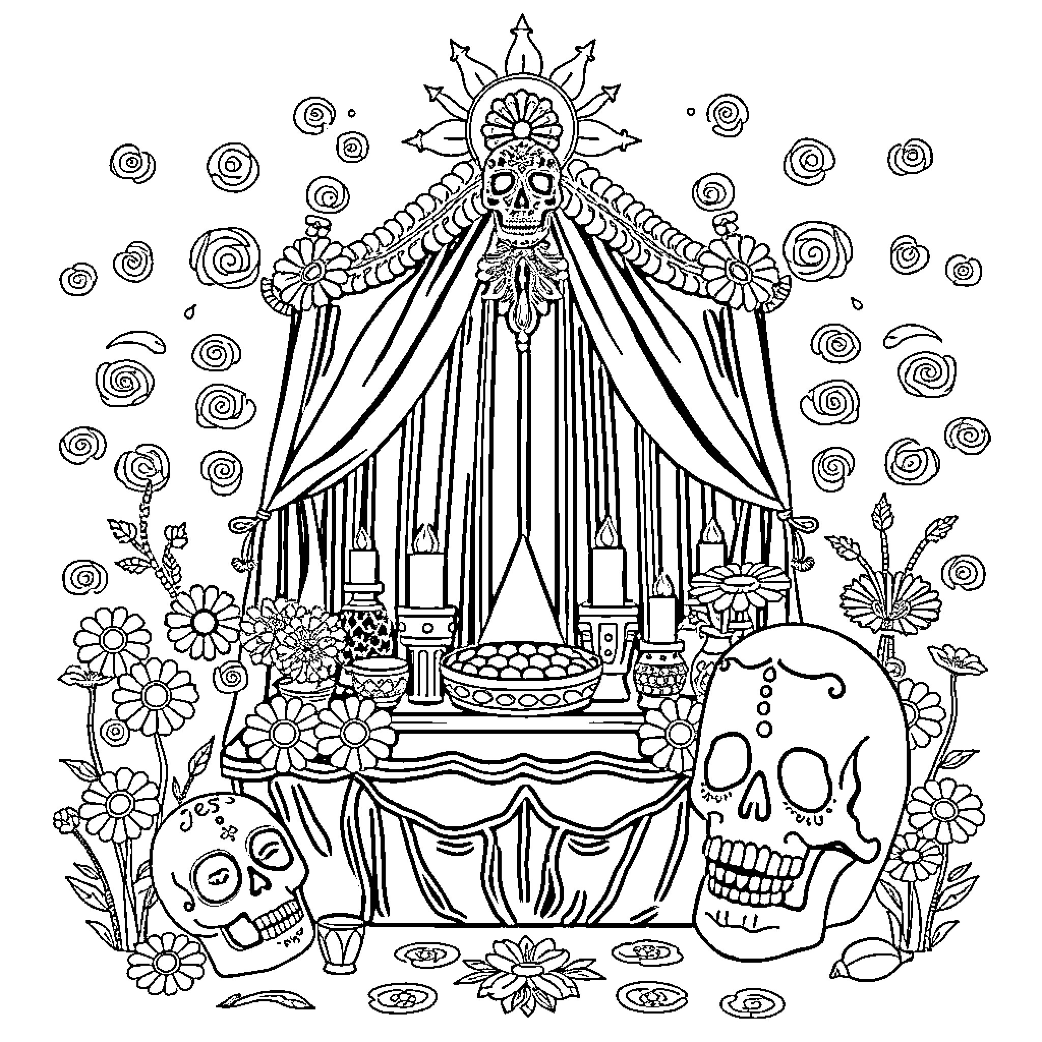 Day of the Dead celebration with skull decor and floral arrangements Coloring Page (free black-and-white line drawing printable PDF for all, from beginners to advanced learners, including children, teens, adults, and seniors)