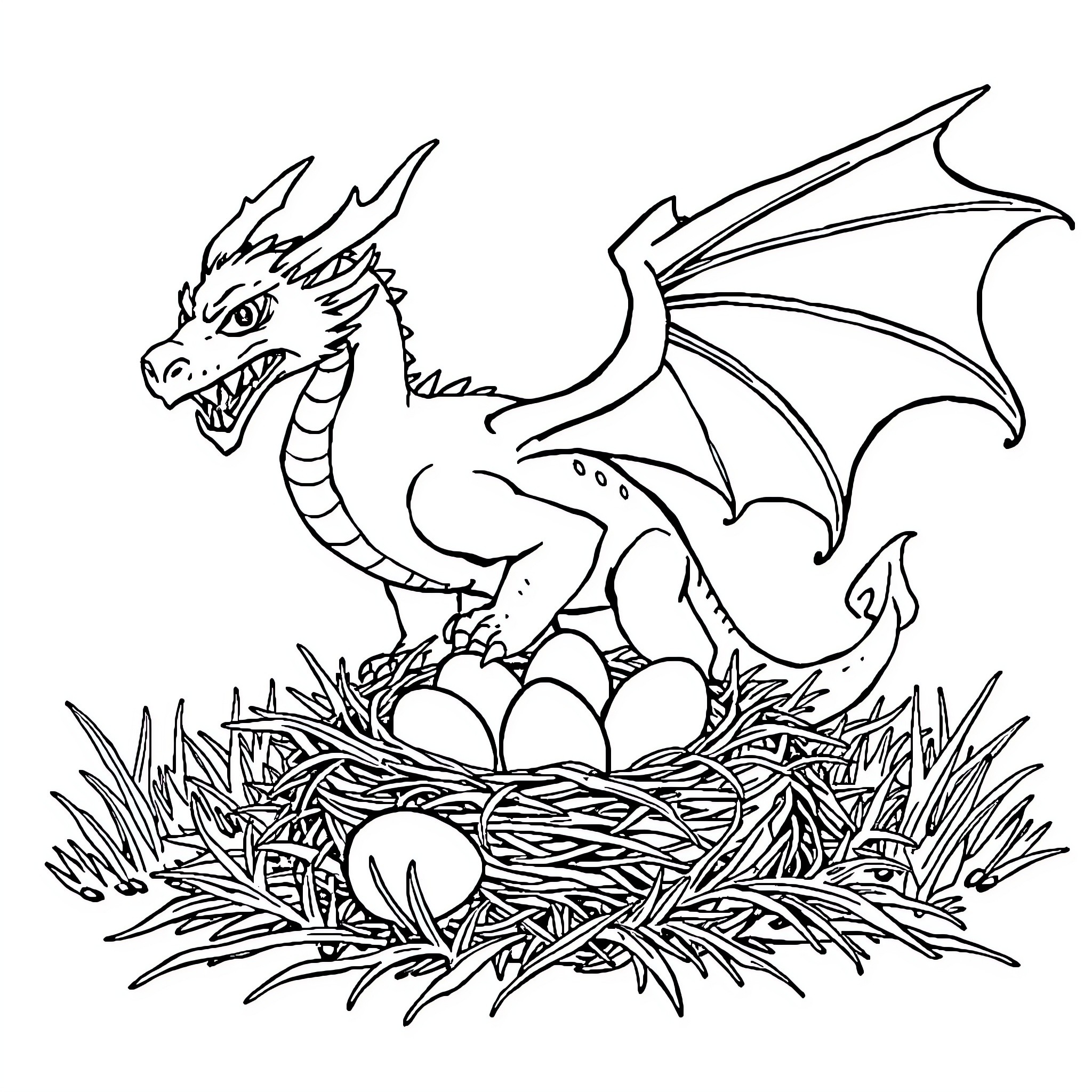 Dragon Guarding Its Nest with Eggs Coloring Page (free black-and-white line drawing printable PDF for all, from beginners to advanced learners, including children, teens, adults, and seniors)