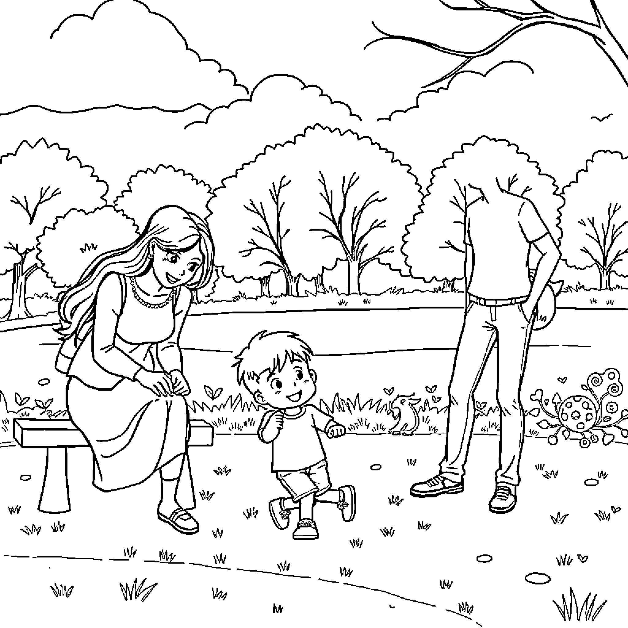 Kid playing with family in outdoor park Coloring Page (free black-and-white line drawing printable PDF for all, from beginners to advanced learners, including children, teens, adults, and seniors)