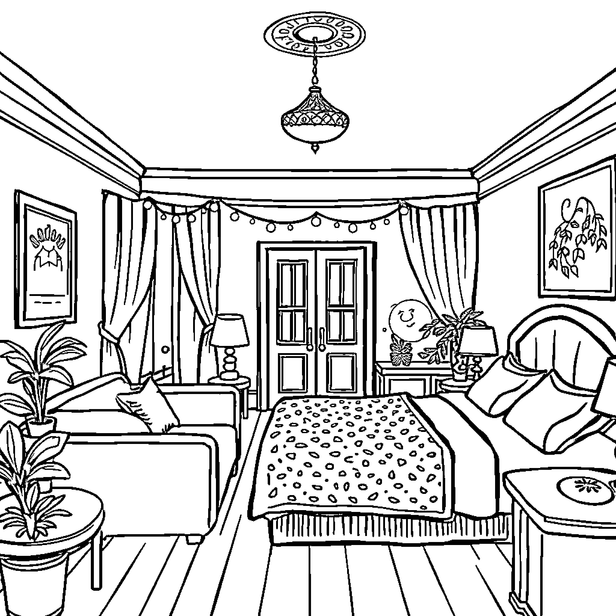 Hotehee cozy bedroom with charming decor Coloring Page (free black-and-white line drawing printable PDF for all, from beginners to advanced learners, including children, teens, adults, and seniors)