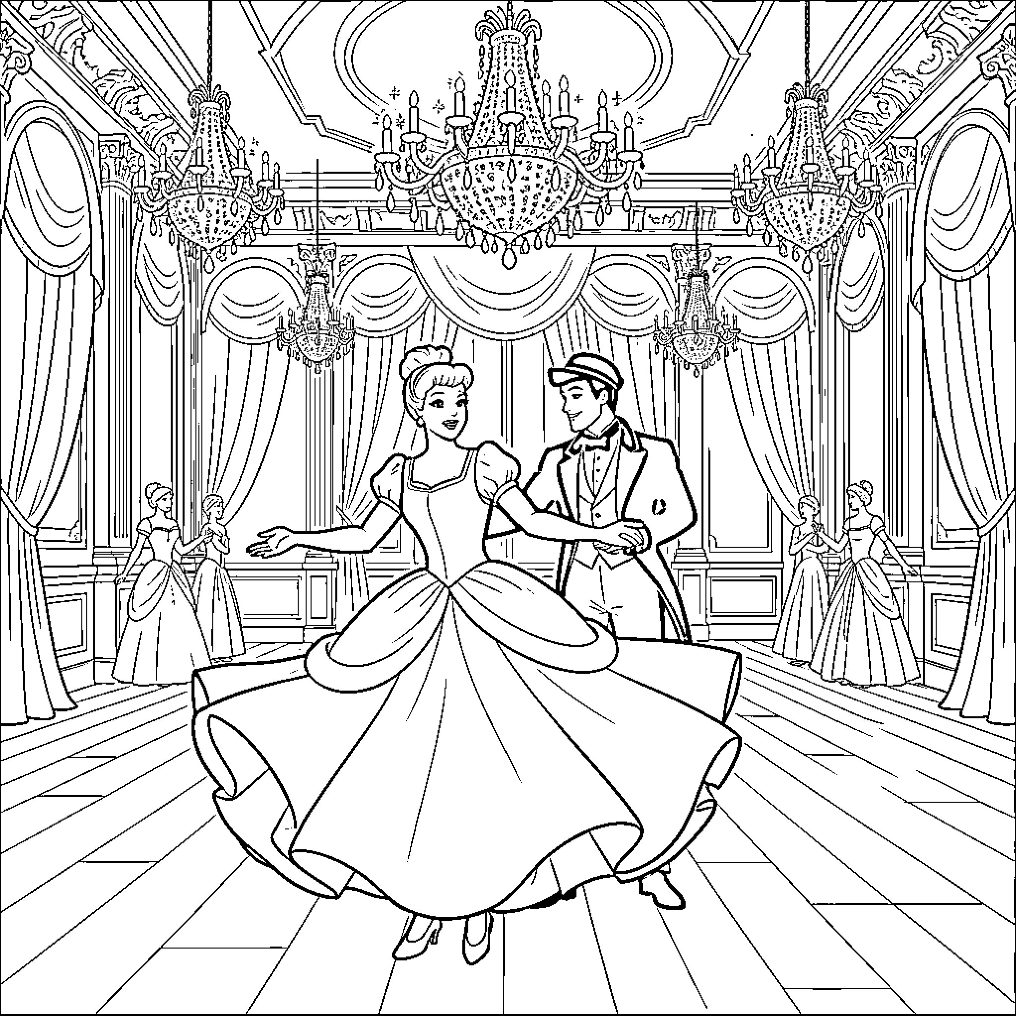 Cinderella's Grand Ball Celebration with Prince Charming Coloring Page (free black-and-white line drawing printable PDF for all, from beginners to advanced learners, including children, teens, adults, and seniors)