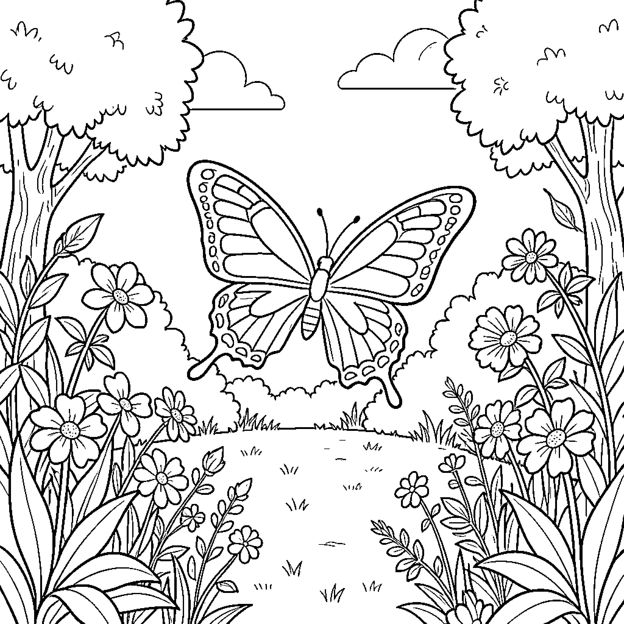 Butterfly flying gracefully through a blooming garden Coloring Page (free black-and-white line drawing printable PDF for all, from beginners to advanced learners, including children, teens, adults, and seniors)