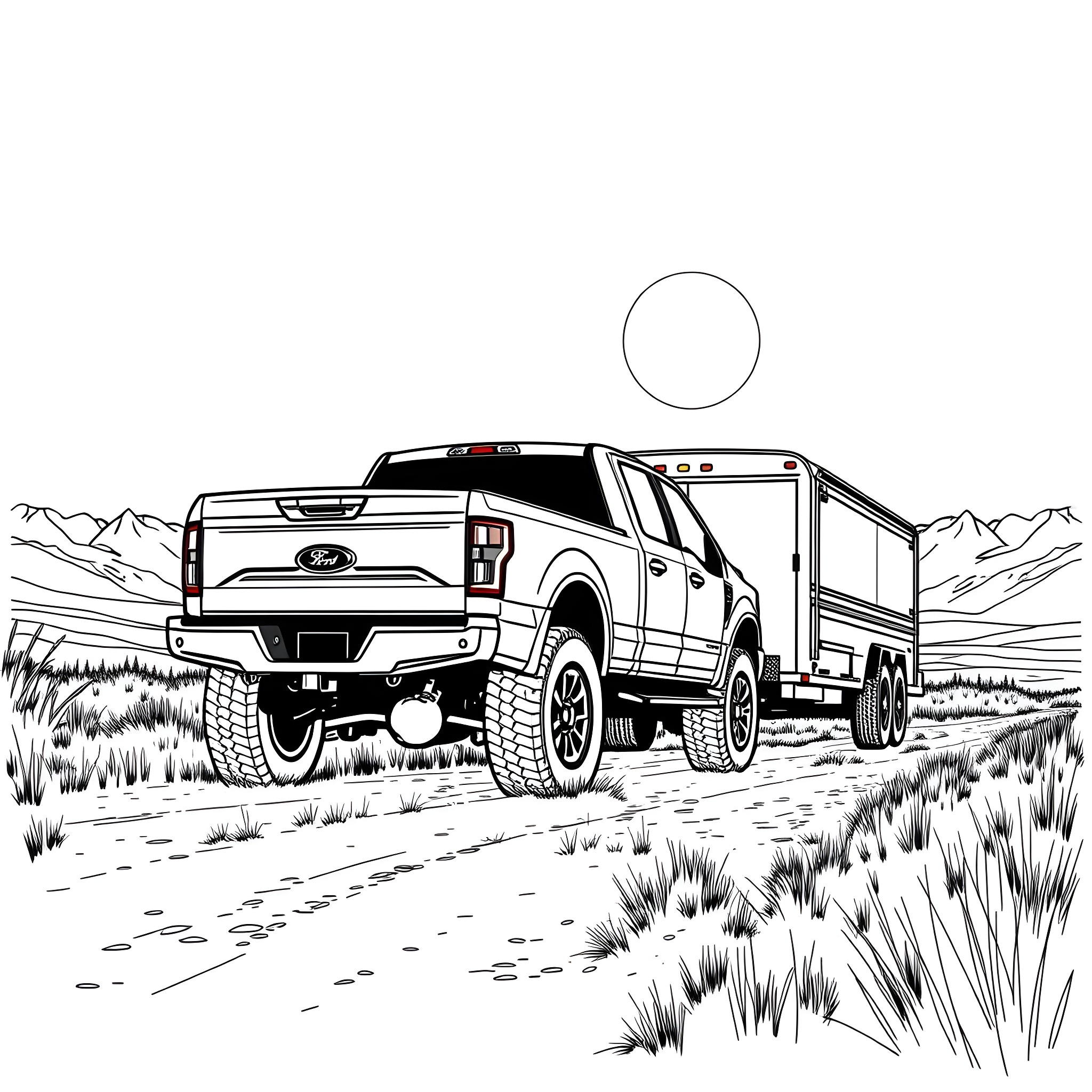 Pickup truck towing trailer in the countryside Coloring Page (free black-and-white line drawing printable PDF for all, from beginners to advanced learners, including children, teens, adults, and seniors)