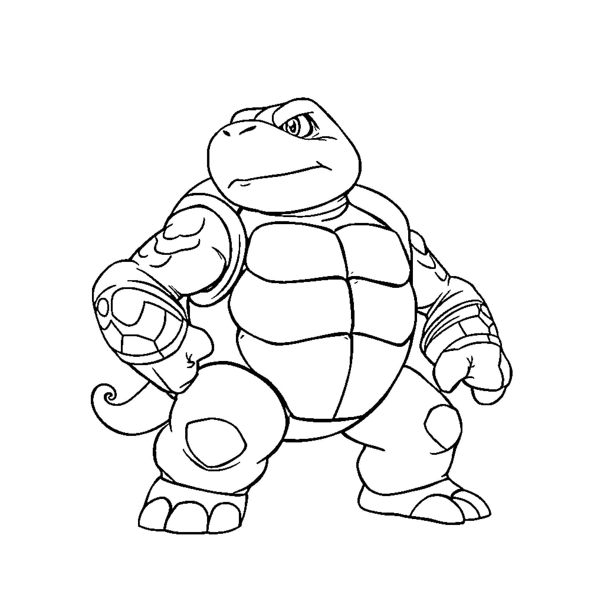 Tortank in battle stance with protective armor Coloring Page (free black-and-white line drawing printable PDF for all, from beginners to advanced learners, including children, teens, adults, and seniors)