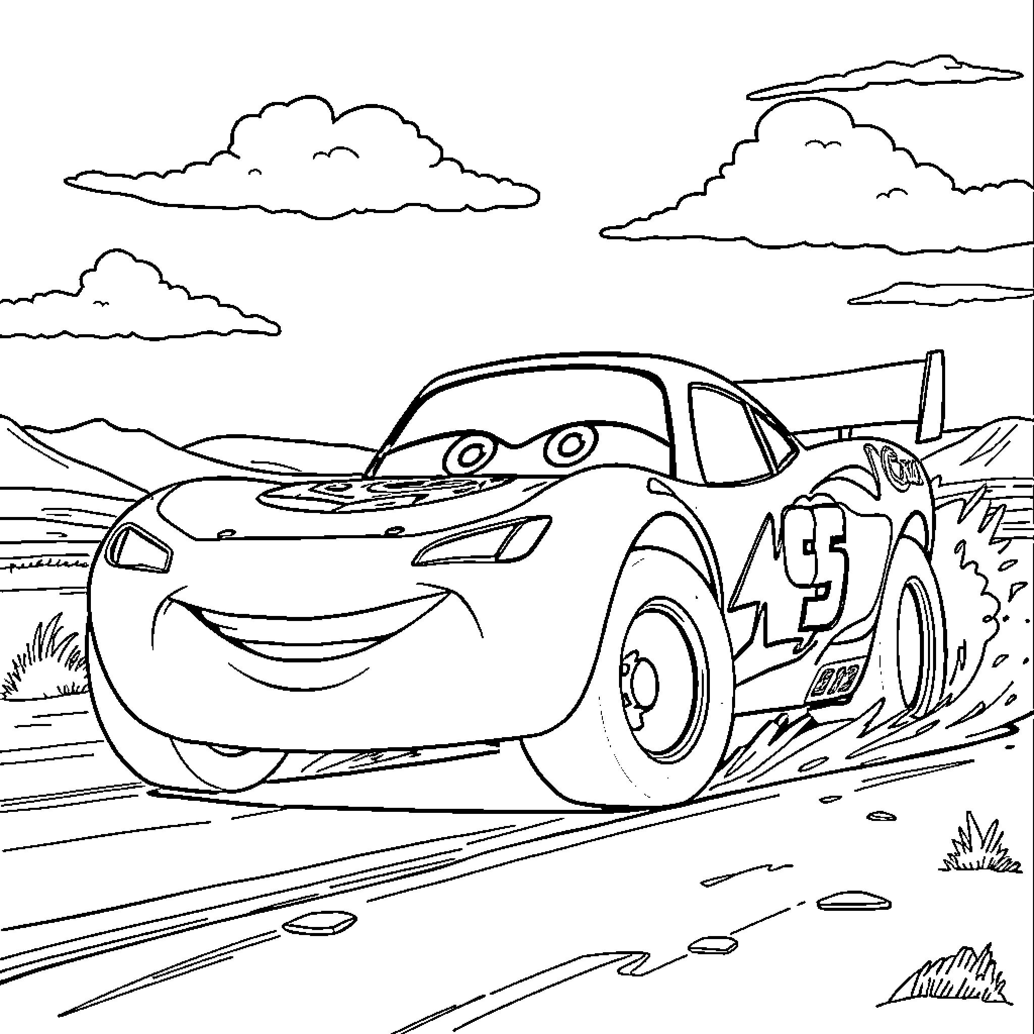 Flash McQueen's Race on the Dusty Track Coloring Page (free black-and-white line drawing printable PDF for all, from beginners to advanced learners, including children, teens, adults, and seniors)