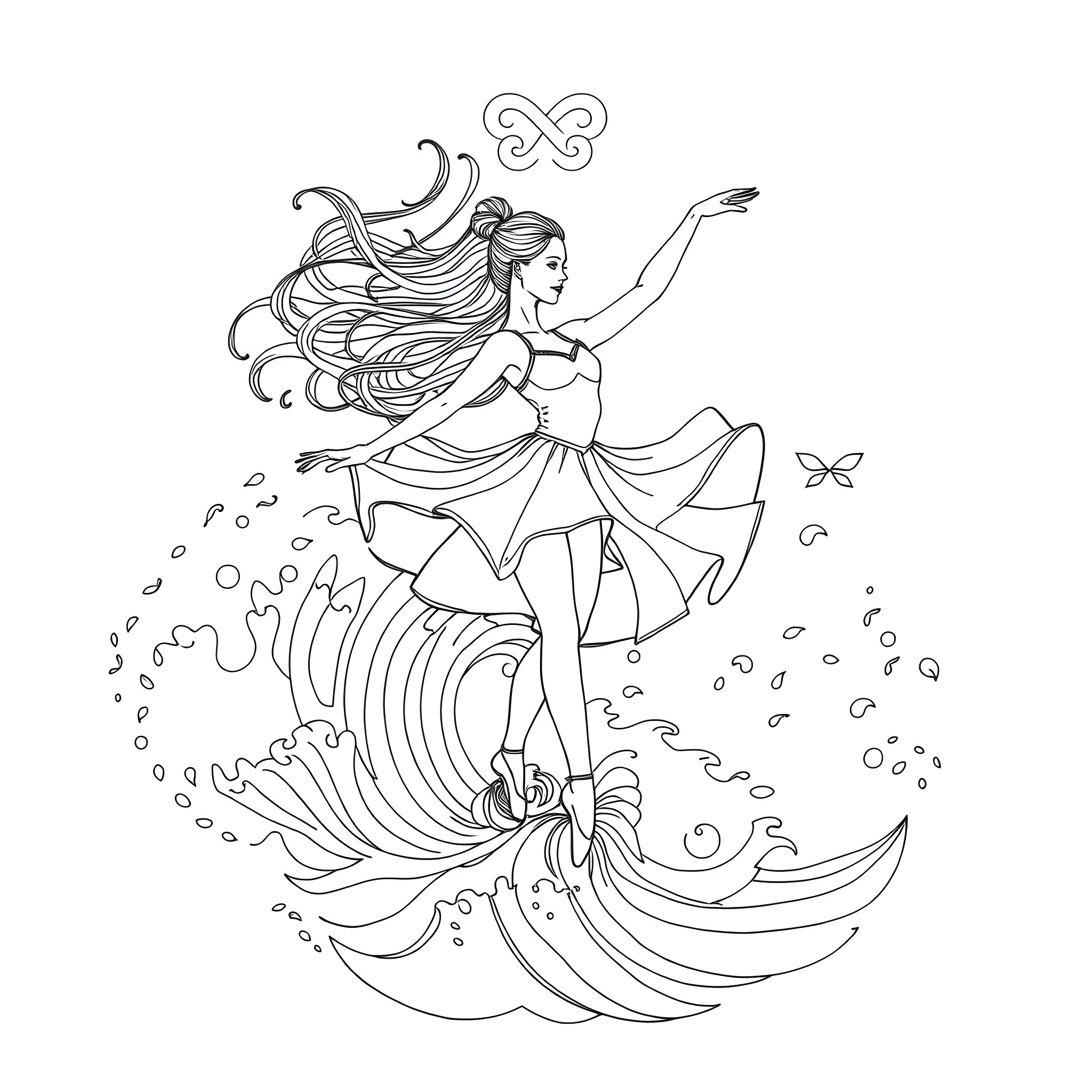 Ballerina dancing gracefully on a wave Coloring Page (free black-and-white line drawing printable PDF for all, from beginners to advanced learners, including children, teens, adults, and seniors)