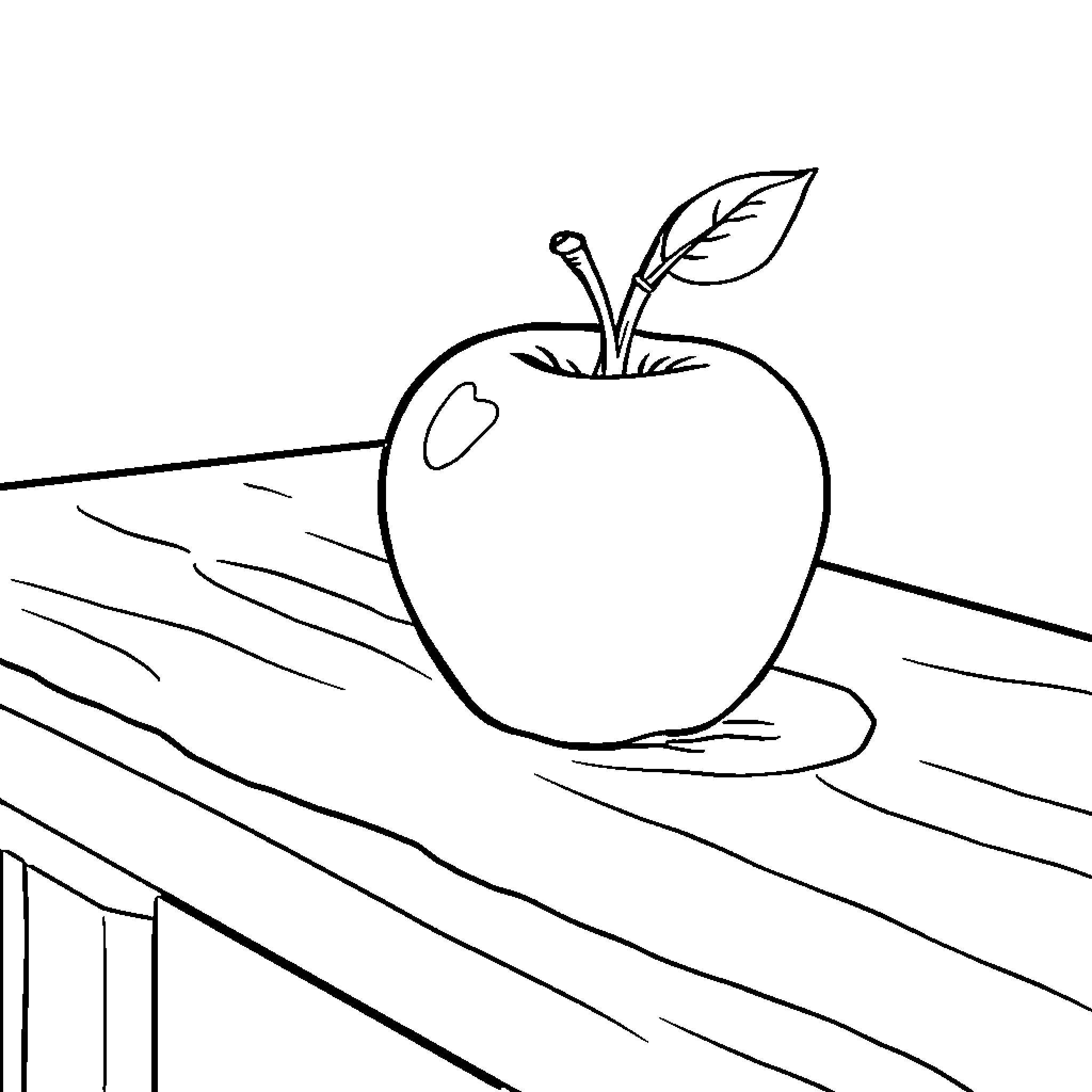 Apple on Wooden Table Coloring Page (free black-and-white line drawing printable PDF for all, from beginners to advanced learners, including children, teens, adults, and seniors)
