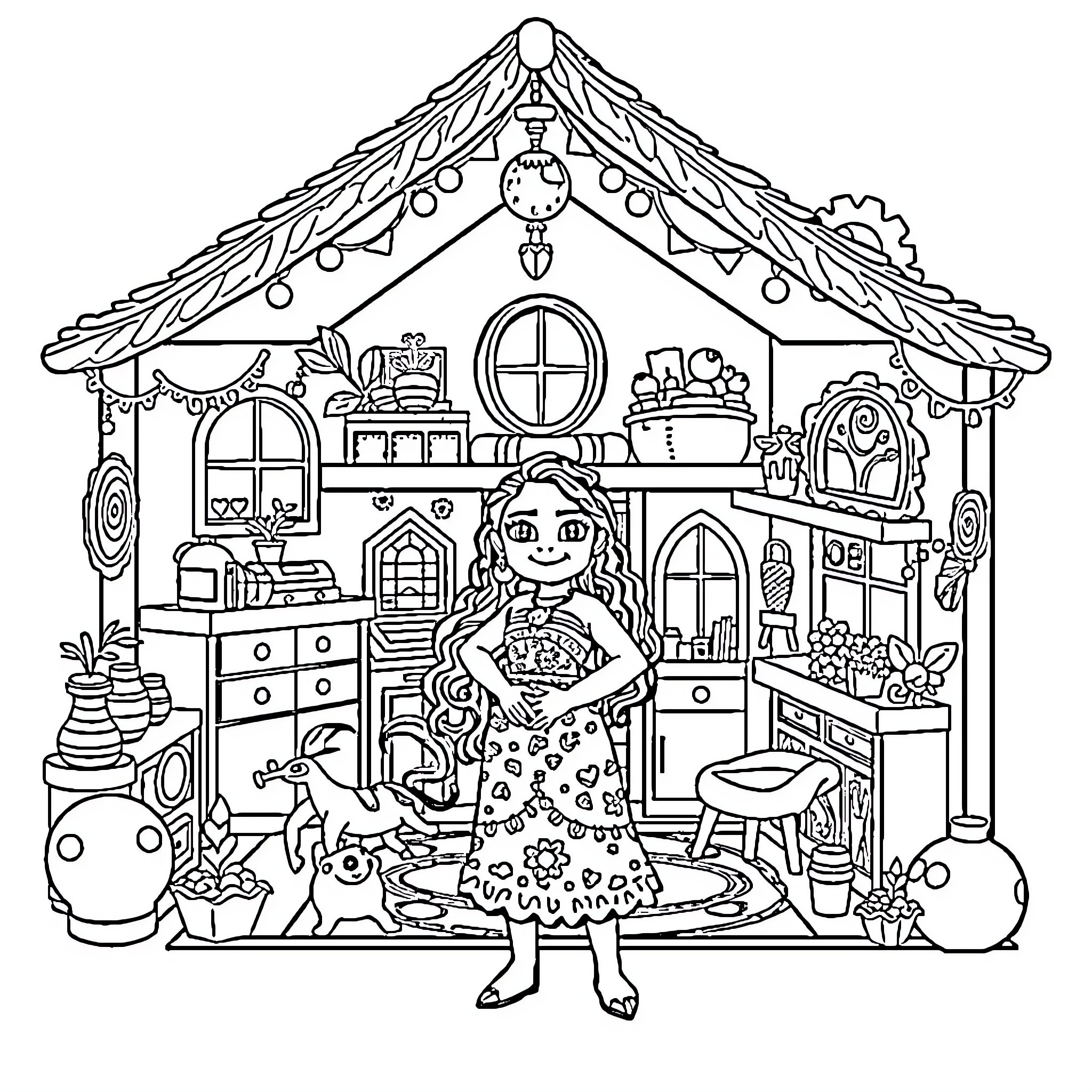 Gabby's Dollhouse - Girl exploring cozy dollhouse interior Coloring Page (free black-and-white line drawing printable PDF for all, from beginners to advanced learners, including children, teens, adults, and seniors)
