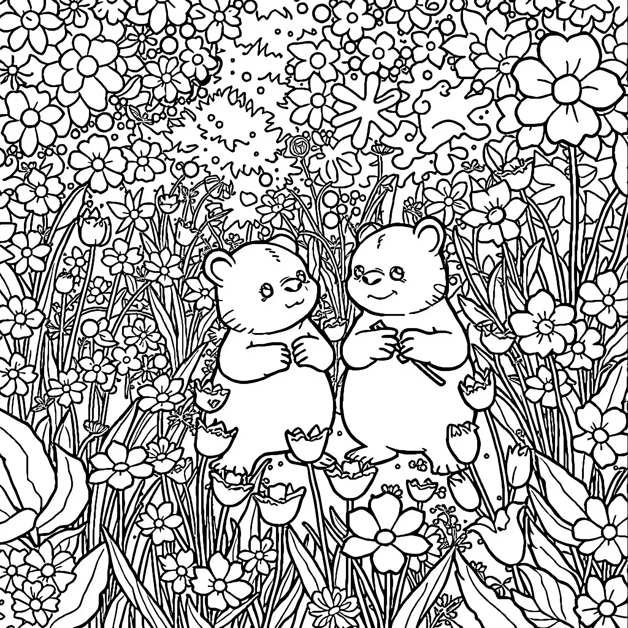 Octonauts explore a colorful floral garden Coloring Page (free black-and-white line drawing printable PDF for all, from beginners to advanced learners, including children, teens, adults, and seniors)
