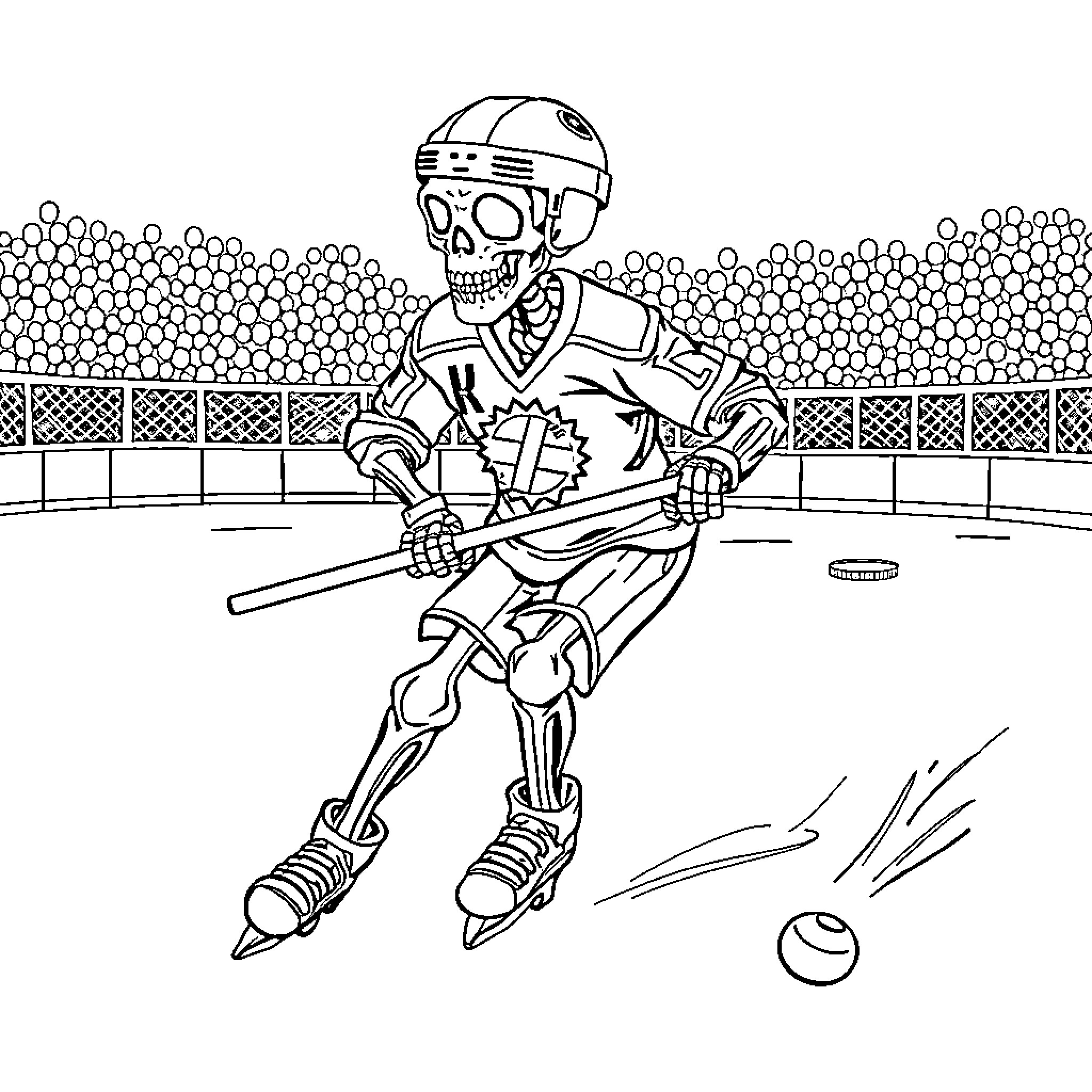 Skeleton Baseball Player on the Field Coloring Page (free black-and-white line drawing printable PDF for all, from beginners to advanced learners, including children, teens, adults, and seniors)