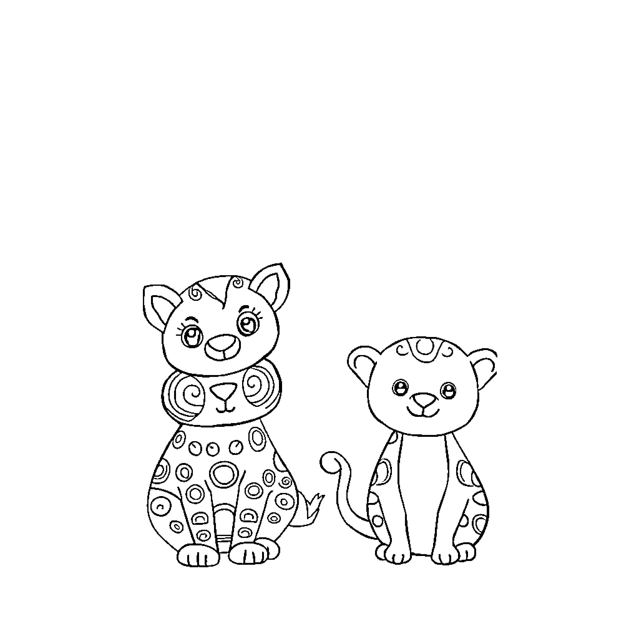 Animal Cartoon Pets Sitting Together Coloring Page (free black-and-white line drawing printable PDF for all, from beginners to advanced learners, including children, teens, adults, and seniors)