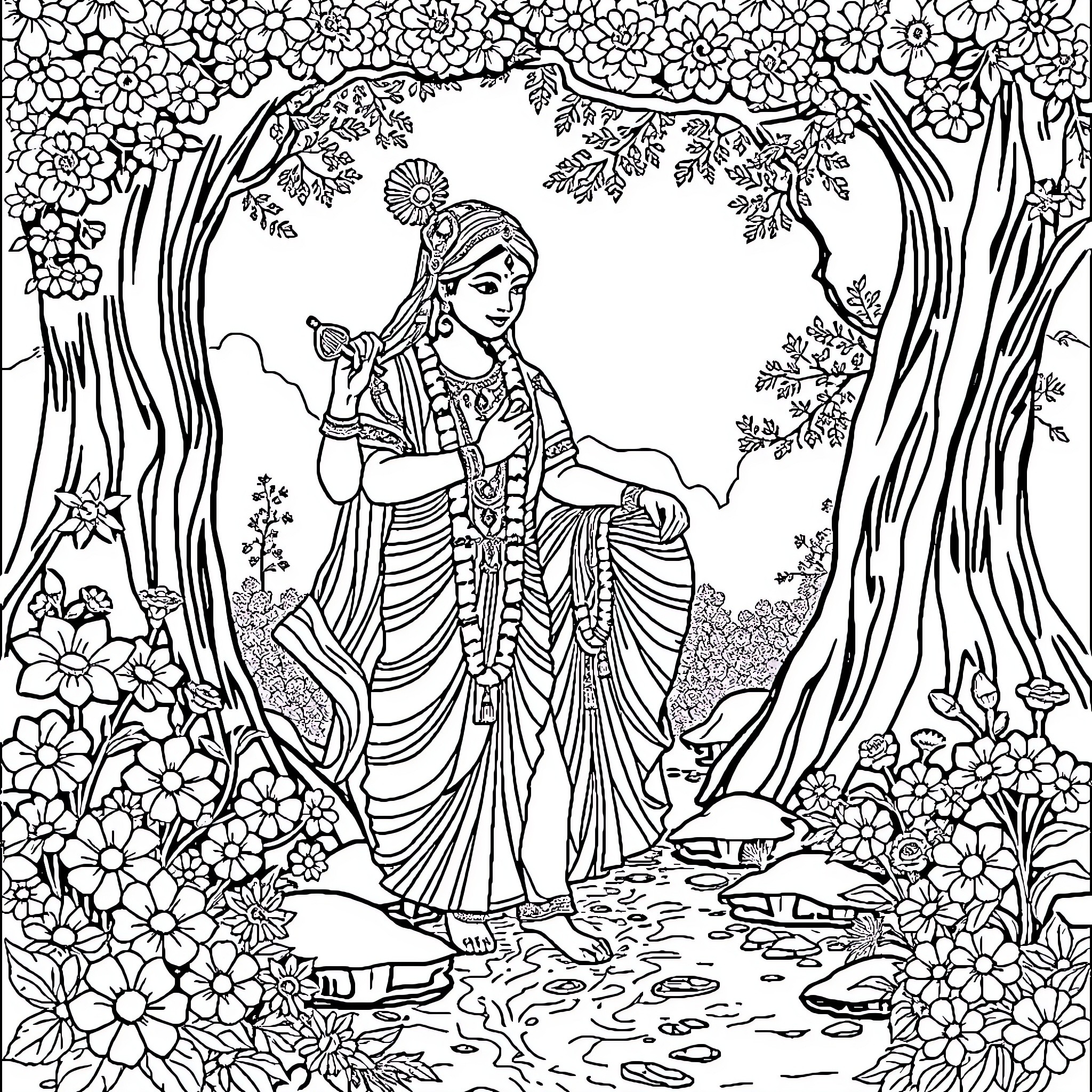 Radha Krishna in Idyllic Floral Landscape Coloring Page (free black-and-white line drawing printable PDF for all, from beginners to advanced learners, including children, teens, adults, and seniors)