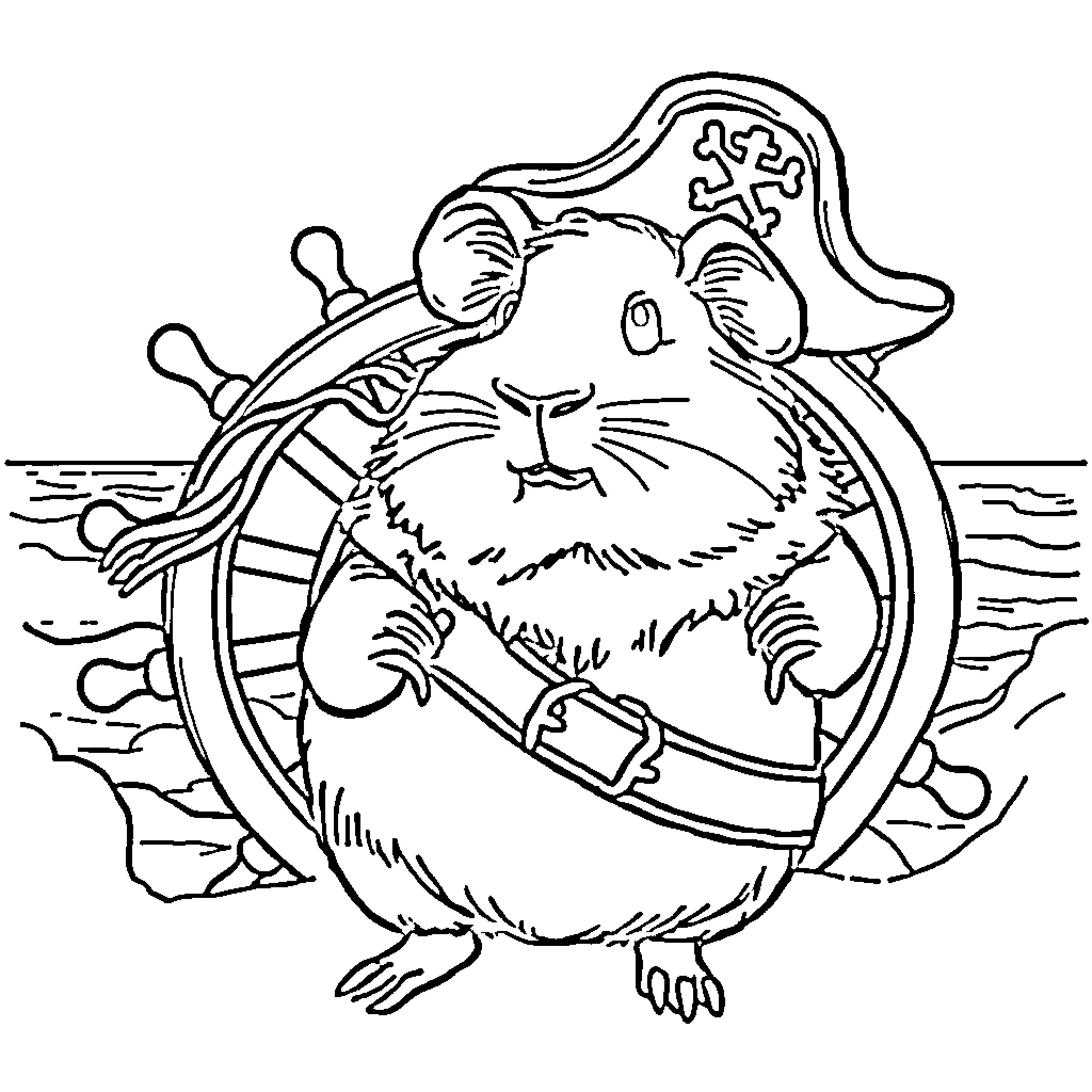 Guinea Pig Pirate Steering Ship Wheel Coloring Page (free black-and-white line drawing printable PDF for all, from beginners to advanced learners, including children, teens, adults, and seniors)