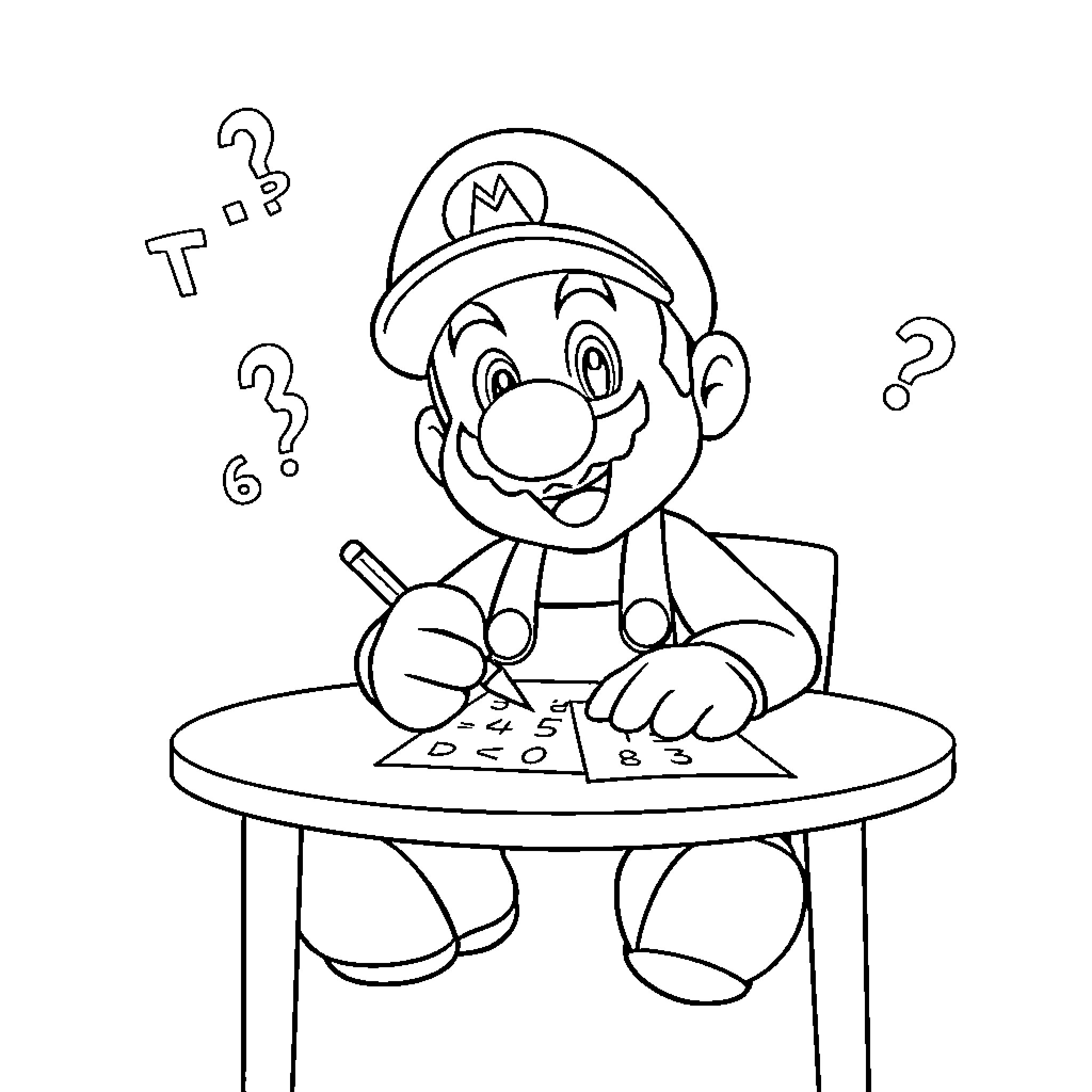 Mario solving a puzzle with delight Coloring Page (free black-and-white line drawing printable PDF for all, from beginners to advanced learners, including children, teens, adults, and seniors)