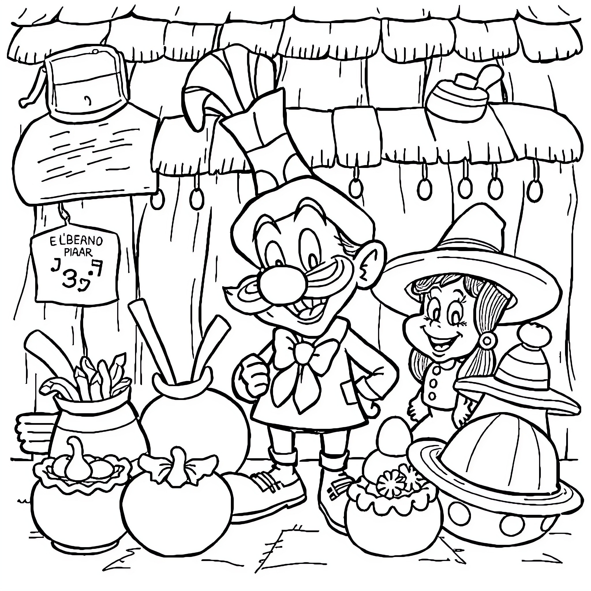 Chespirito characters in a colorful carnival scene Coloring Page (free black-and-white line drawing printable PDF for all, from beginners to advanced learners, including children, teens, adults, and seniors)