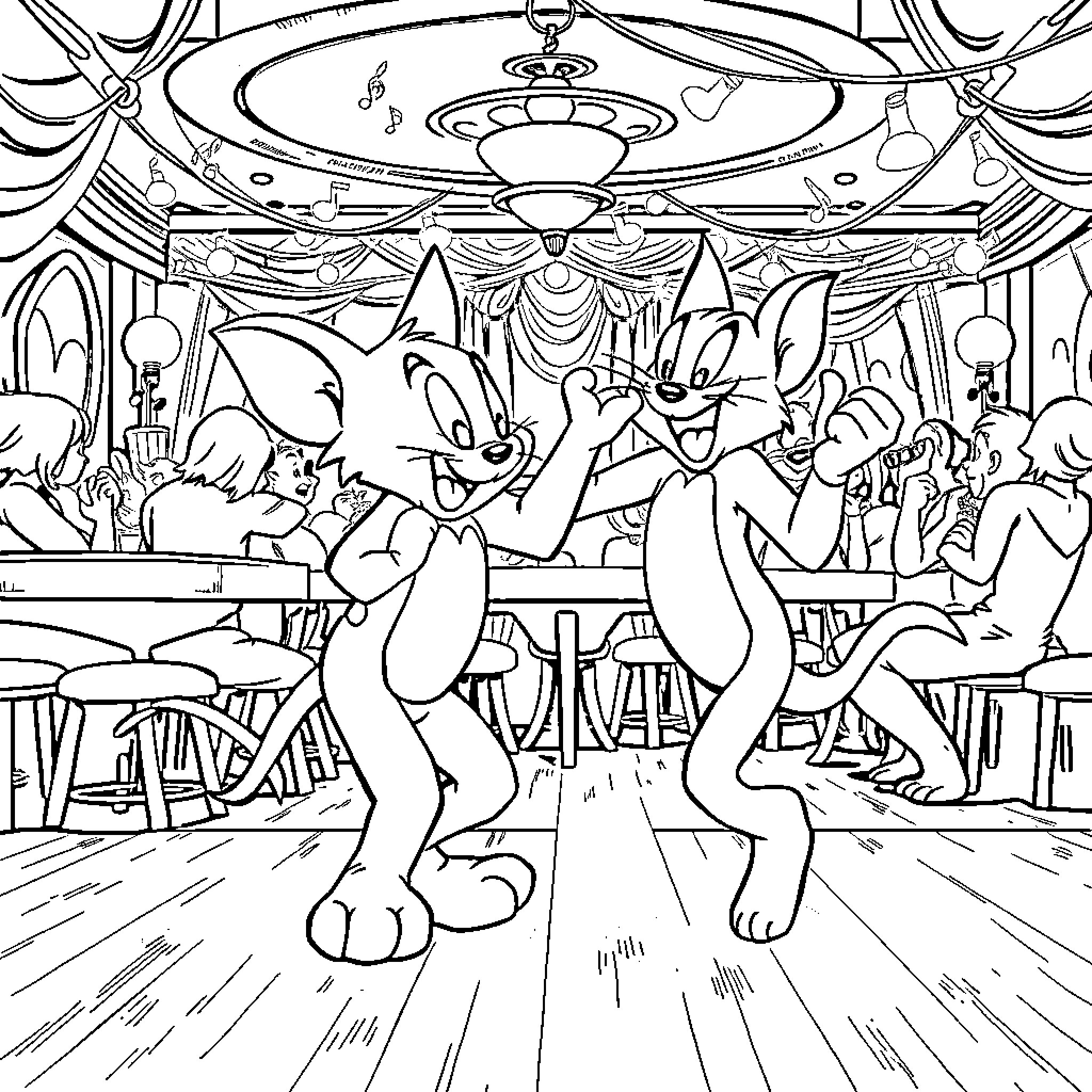 Tom and Jerry dancing merrily in a lively cartoon setting Coloring Page (free black-and-white line drawing printable PDF for all, from beginners to advanced learners, including children, teens, adults, and seniors)