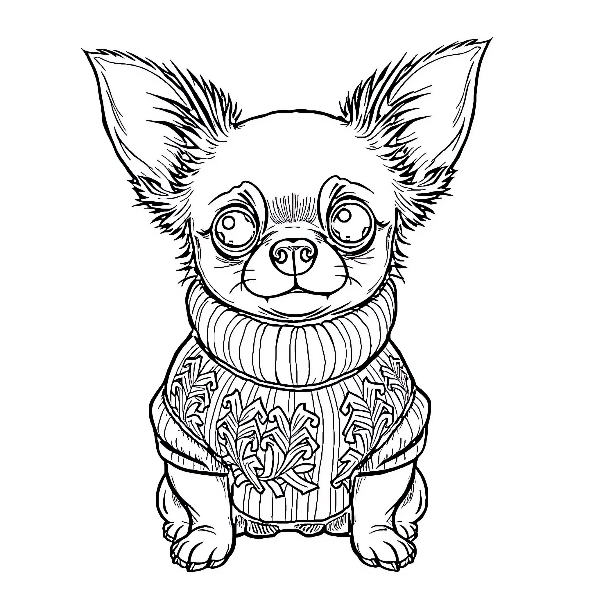 Chihuahua wearing a cozy sweater Coloring Page (free black-and-white line drawing printable PDF for all, from beginners to advanced learners, including children, teens, adults, and seniors)