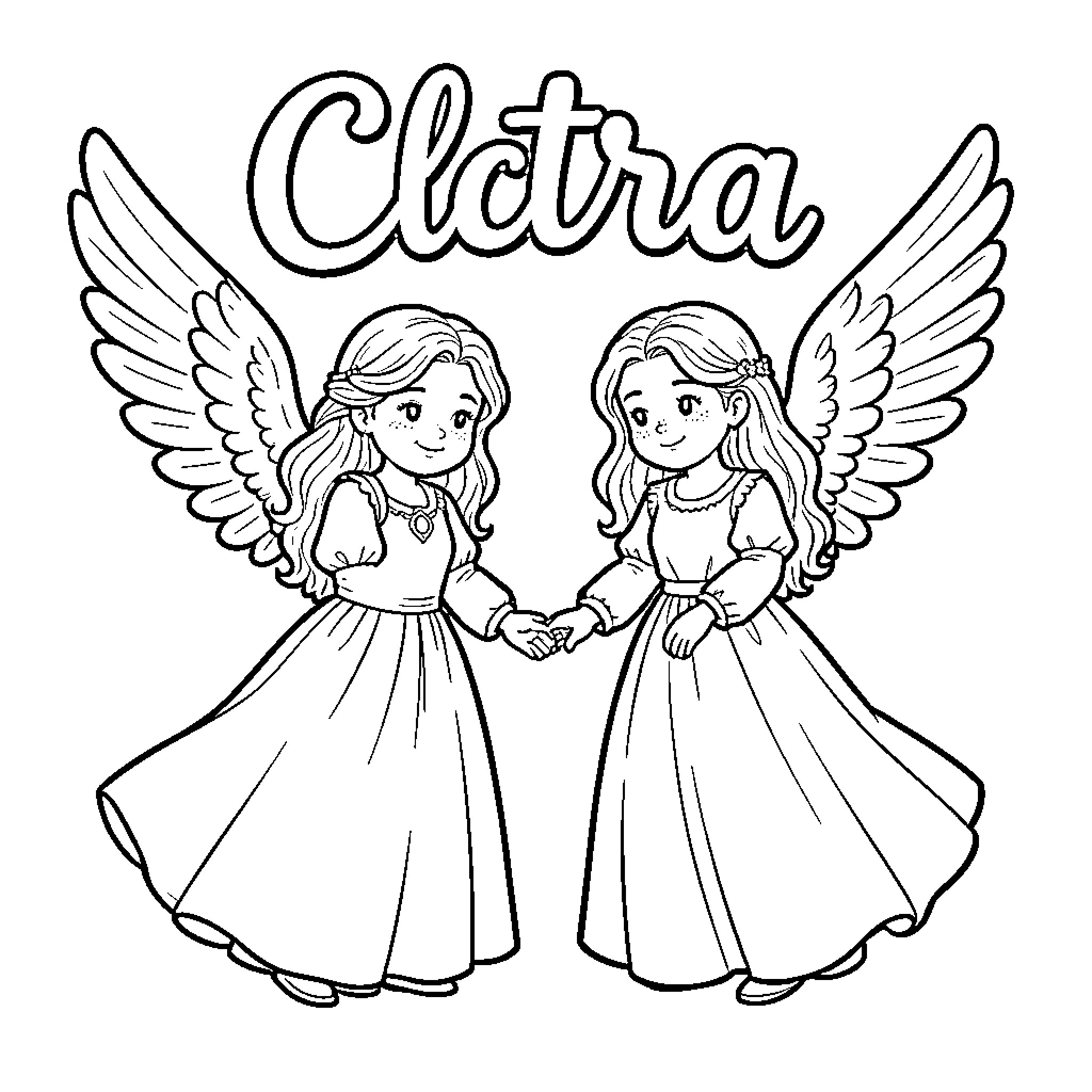 Angel sisters holding hands and smiling together Coloring Page (free black-and-white line drawing printable PDF for all, from beginners to advanced learners, including children, teens, adults, and seniors)