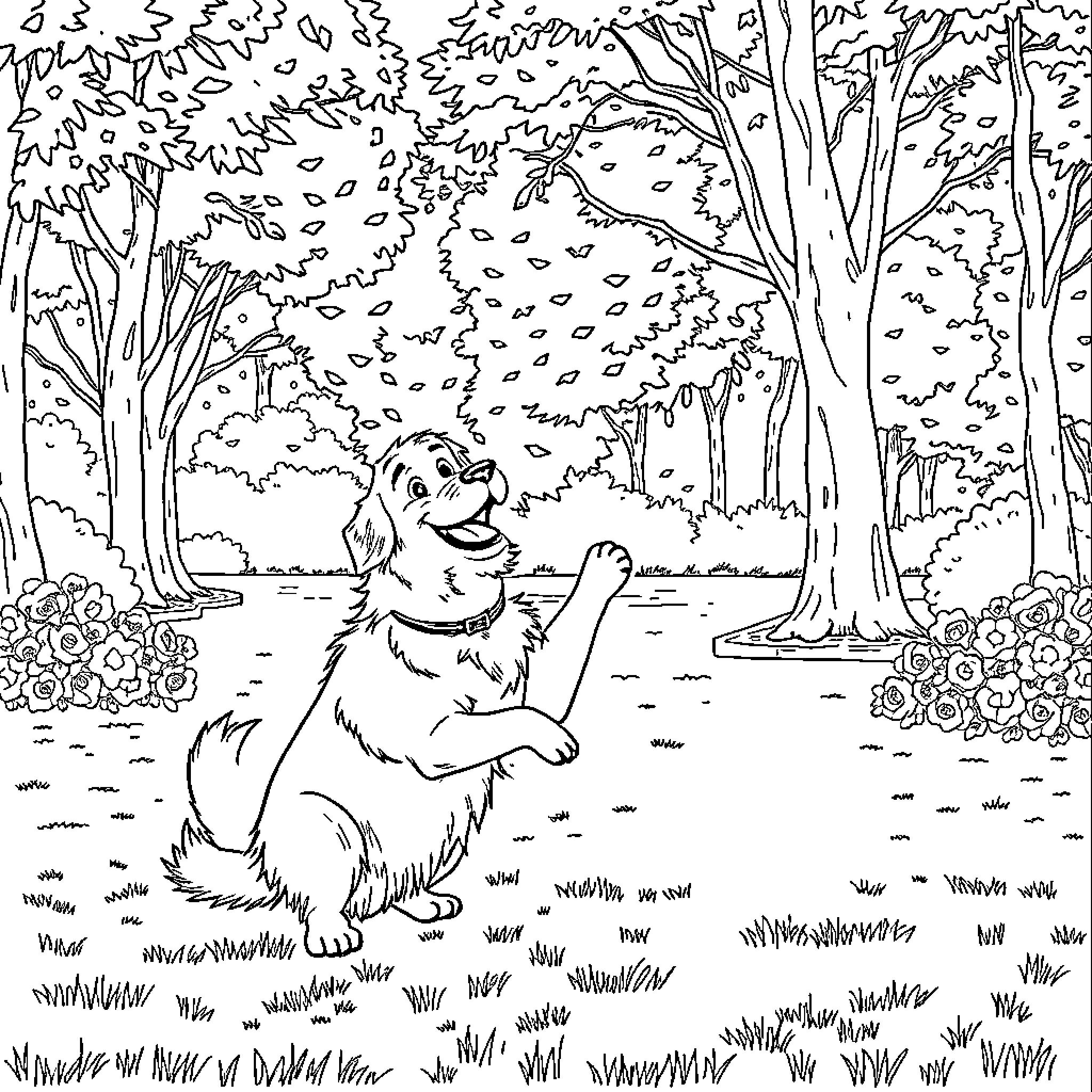 Dog playing joyfully in a lush forest Coloring Page (free black-and-white line drawing printable PDF for all, from beginners to advanced learners, including children, teens, adults, and seniors)