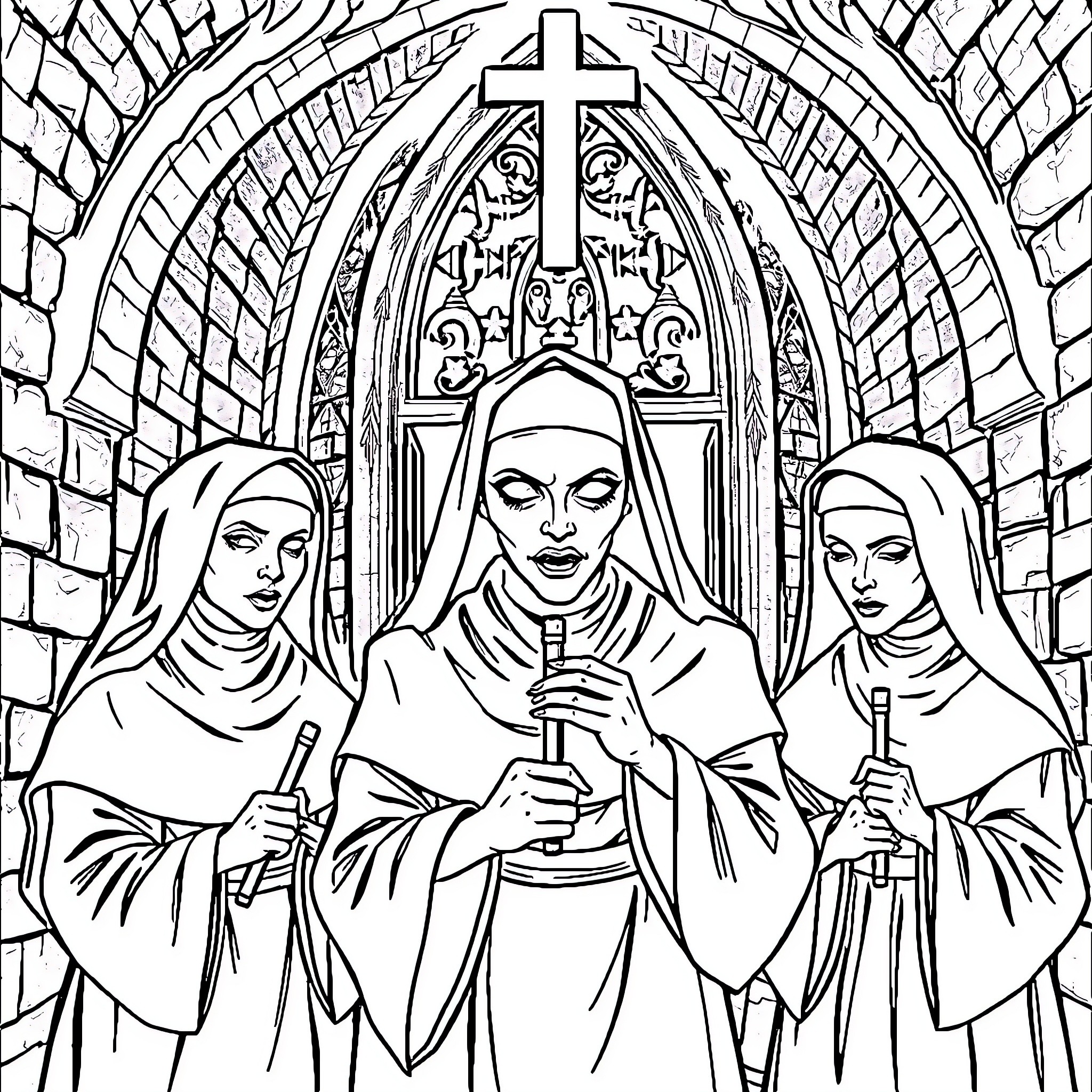 Nun Presiding Over Solemn Ceremony in Chapel Coloring Page (free black-and-white line drawing printable PDF for all, from beginners to advanced learners, including children, teens, adults, and seniors)