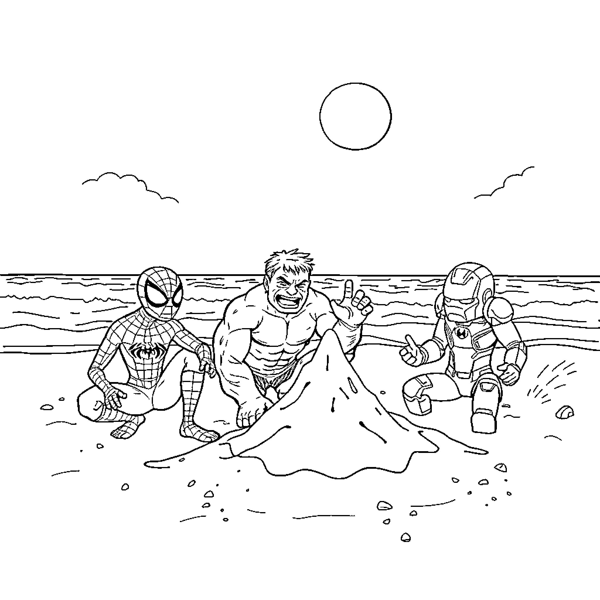 Superheroes playing on the beach Coloring Page (free black-and-white line drawing printable PDF for all, from beginners to advanced learners, including children, teens, adults, and seniors)