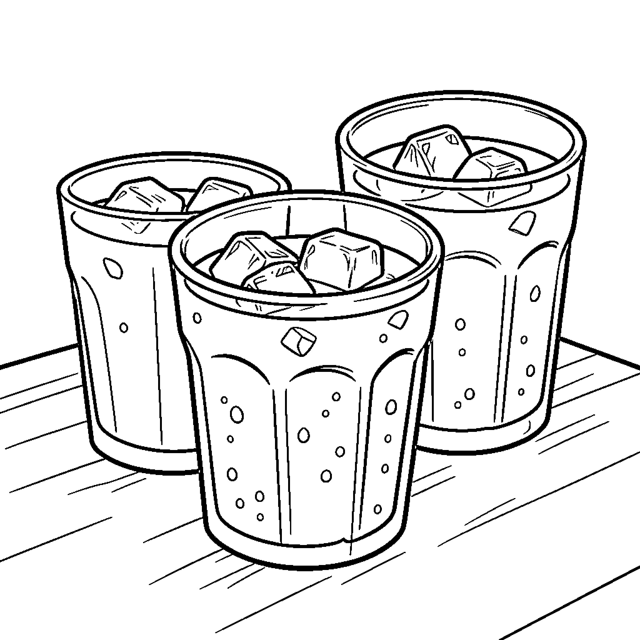 Iced Coffee served in tall glasses on a table Coloring Page (free black-and-white line drawing printable PDF for all, from beginners to advanced learners, including children, teens, adults, and seniors)