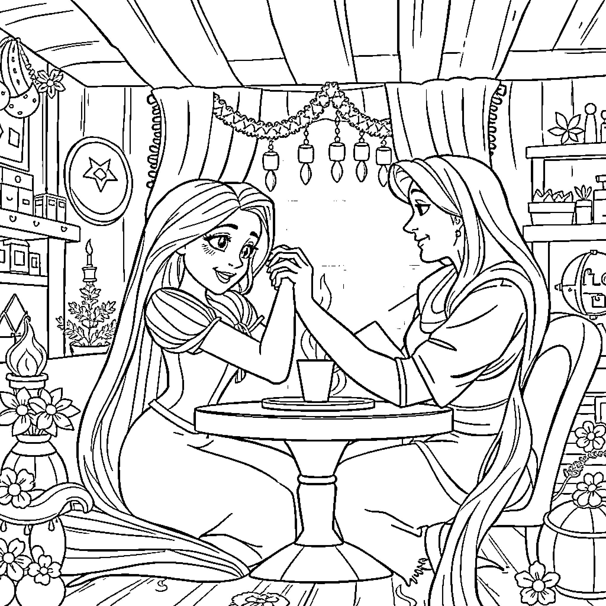 Rapunzel's Enchanting Gathering with Her Mother Coloring Page (free black-and-white line drawing printable PDF for all, from beginners to advanced learners, including children, teens, adults, and seniors)