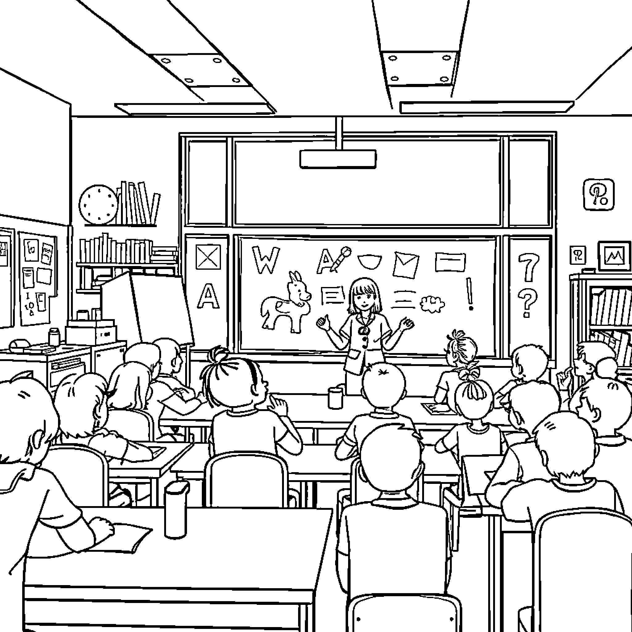 Education in a Lively Classroom Setting Coloring Page (free black-and-white line drawing printable PDF for all, from beginners to advanced learners, including children, teens, adults, and seniors)