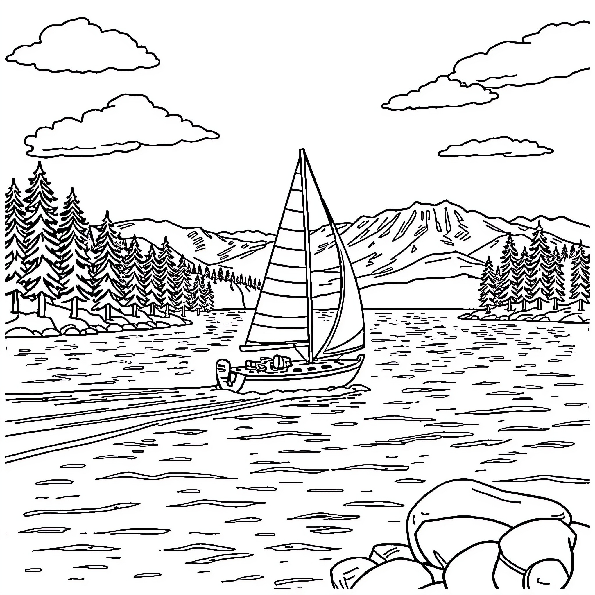 Sailboat sailing on tranquil lake surrounded by mountains Coloring Page (free black-and-white line drawing printable PDF for all, from beginners to advanced learners, including children, teens, adults, and seniors)